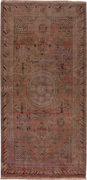 4' x 9' one-of-a-kind handmade antique Khotan runner rug. Color palette: rose, taupe, brown, dusty pink, mauve, ivory