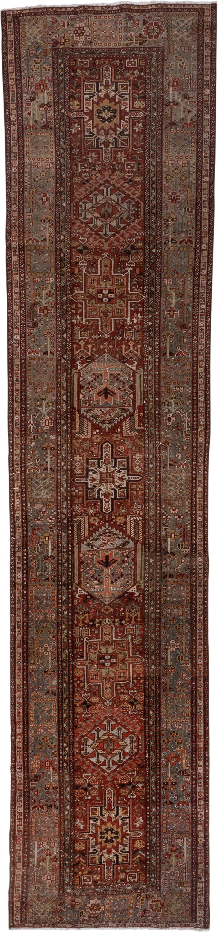 3' x 14' one-of-a-kind handmade antique Karaje runner rug. Color palette: rust, blue-gray, ivory, burgundy, taupe, camel