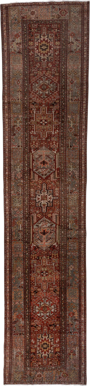 3' x 14' one-of-a-kind handmade antique Karaje runner rug. Color palette: rust, blue-gray, ivory, burgundy, taupe, camel