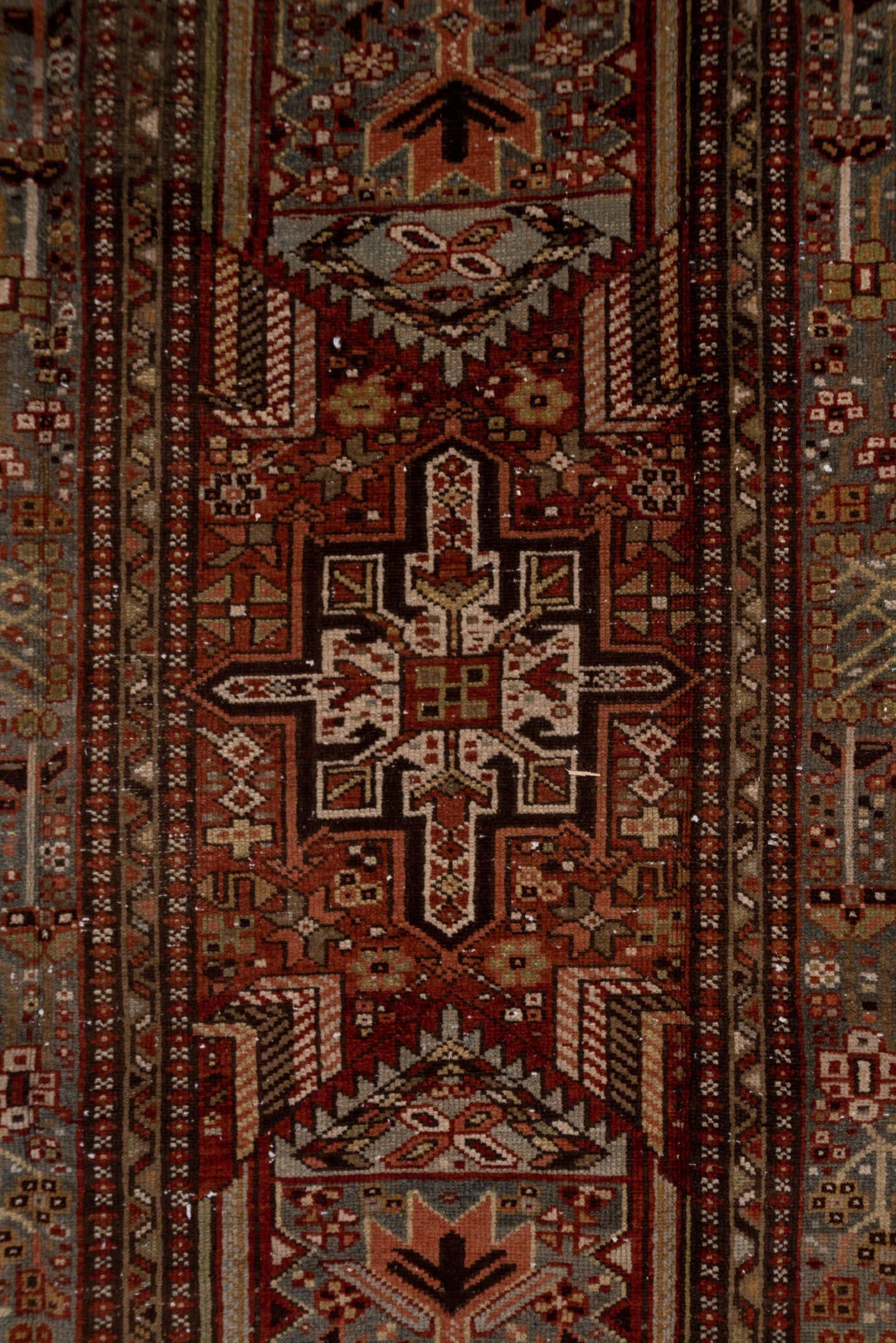 3' x 14' one-of-a-kind handmade antique Karaje runner rug. Color palette: rust, blue-gray, ivory, burgundy, taupe, camel