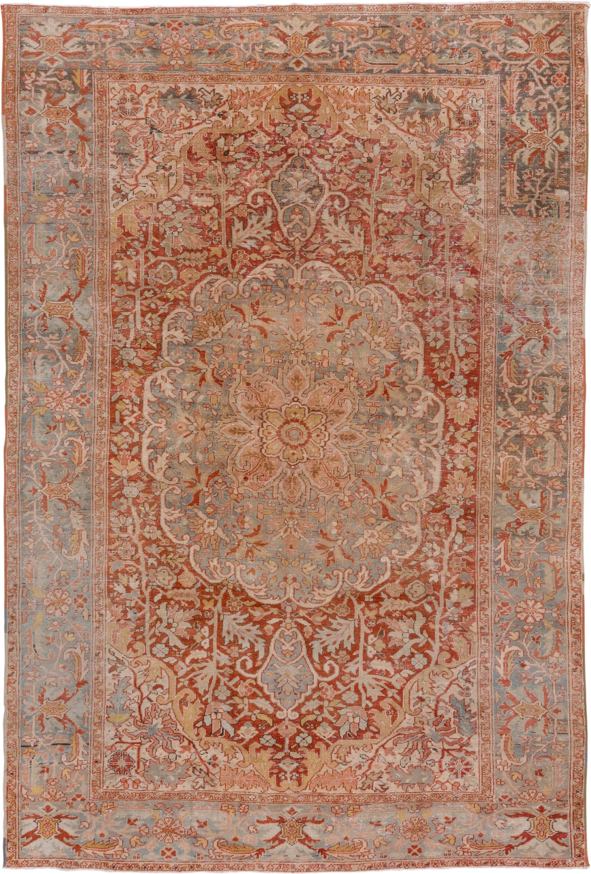 7' x 11' one-of-a-kind handmade antique Heriz large size rug. Color palette: terra cotta, light blue, ivory, rust, sage