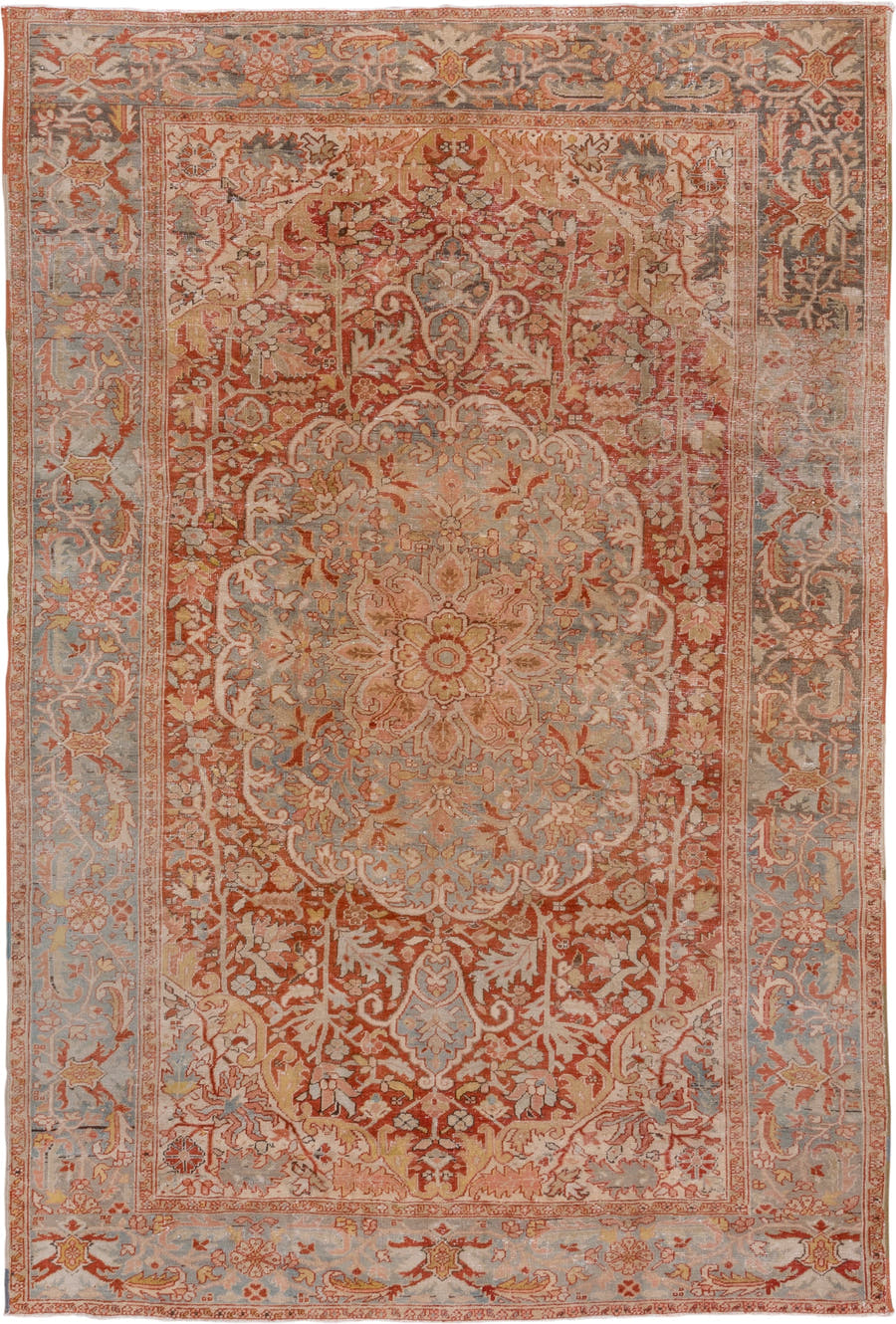 7' x 11' one-of-a-kind handmade antique Heriz large size rug. Color palette: terra cotta, light blue, ivory, rust, sage