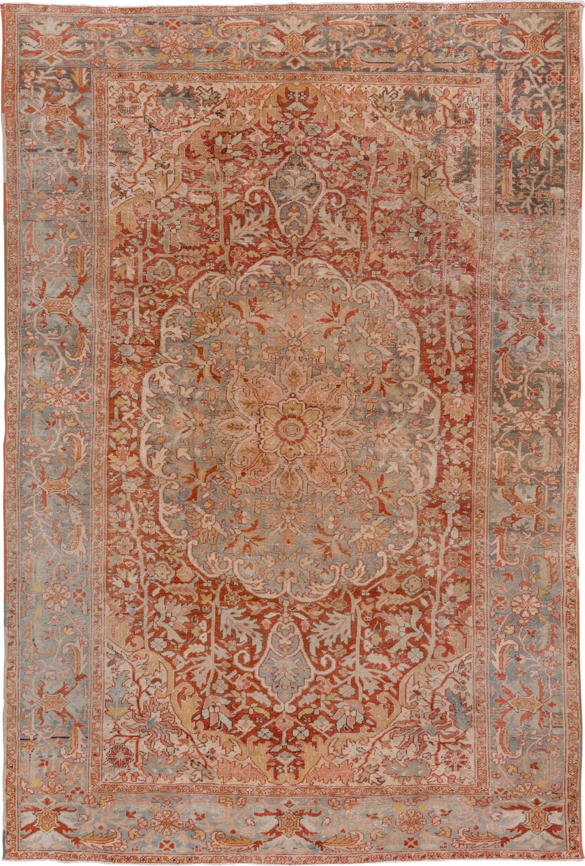 7' x 11' one-of-a-kind handmade vintage Heriz large size rug. Color palette: brown, gray, light gray, off-white, orange