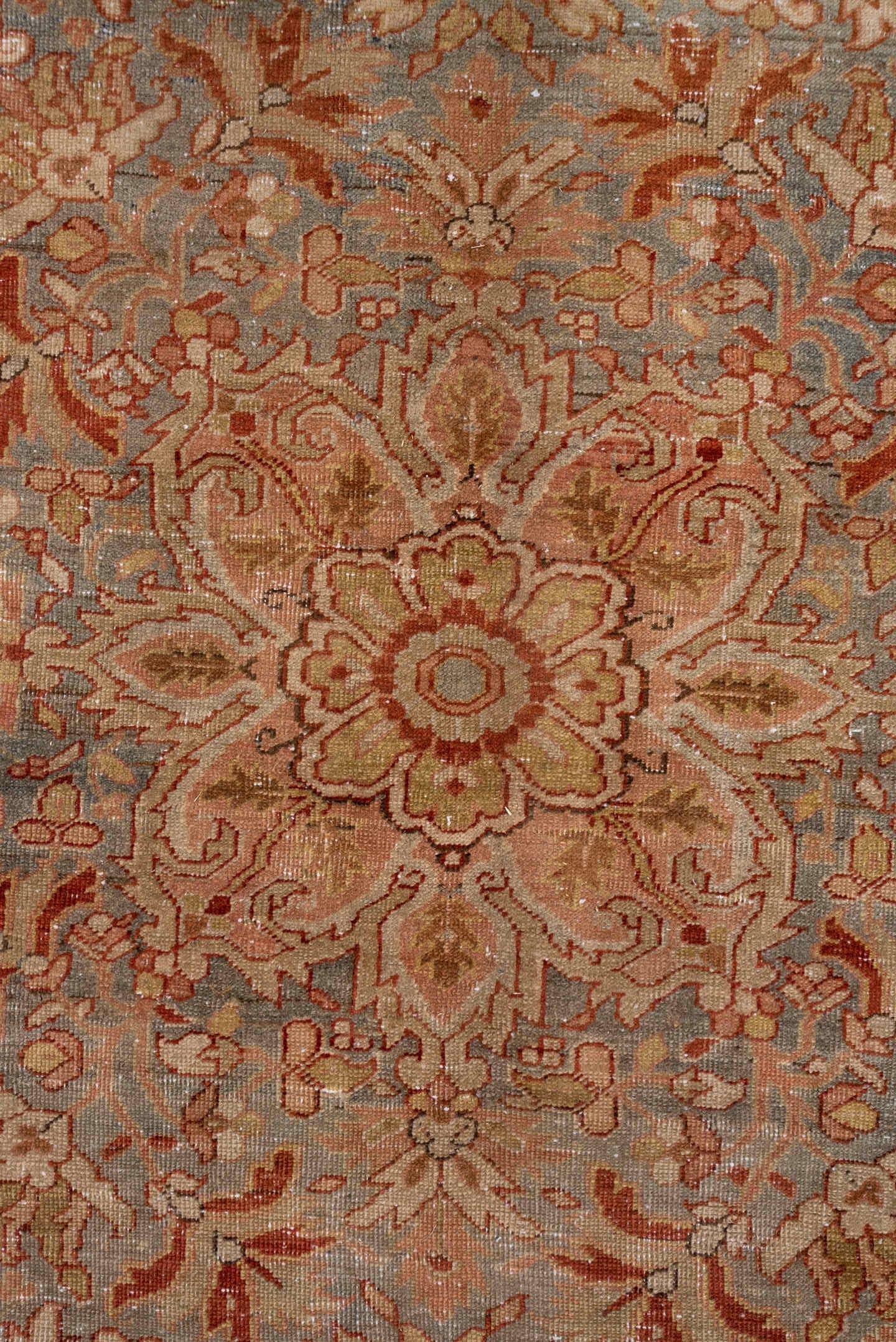 7' x 11' one-of-a-kind handmade antique Heriz large size rug. Color palette: terra cotta, light blue, ivory, rust, sage