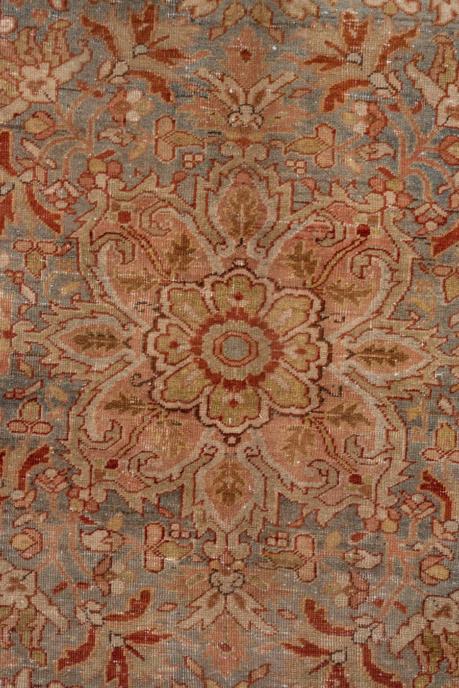 7' x 11' one-of-a-kind handmade antique Heriz large size rug. Color palette: terra cotta, light blue, ivory, rust, sage