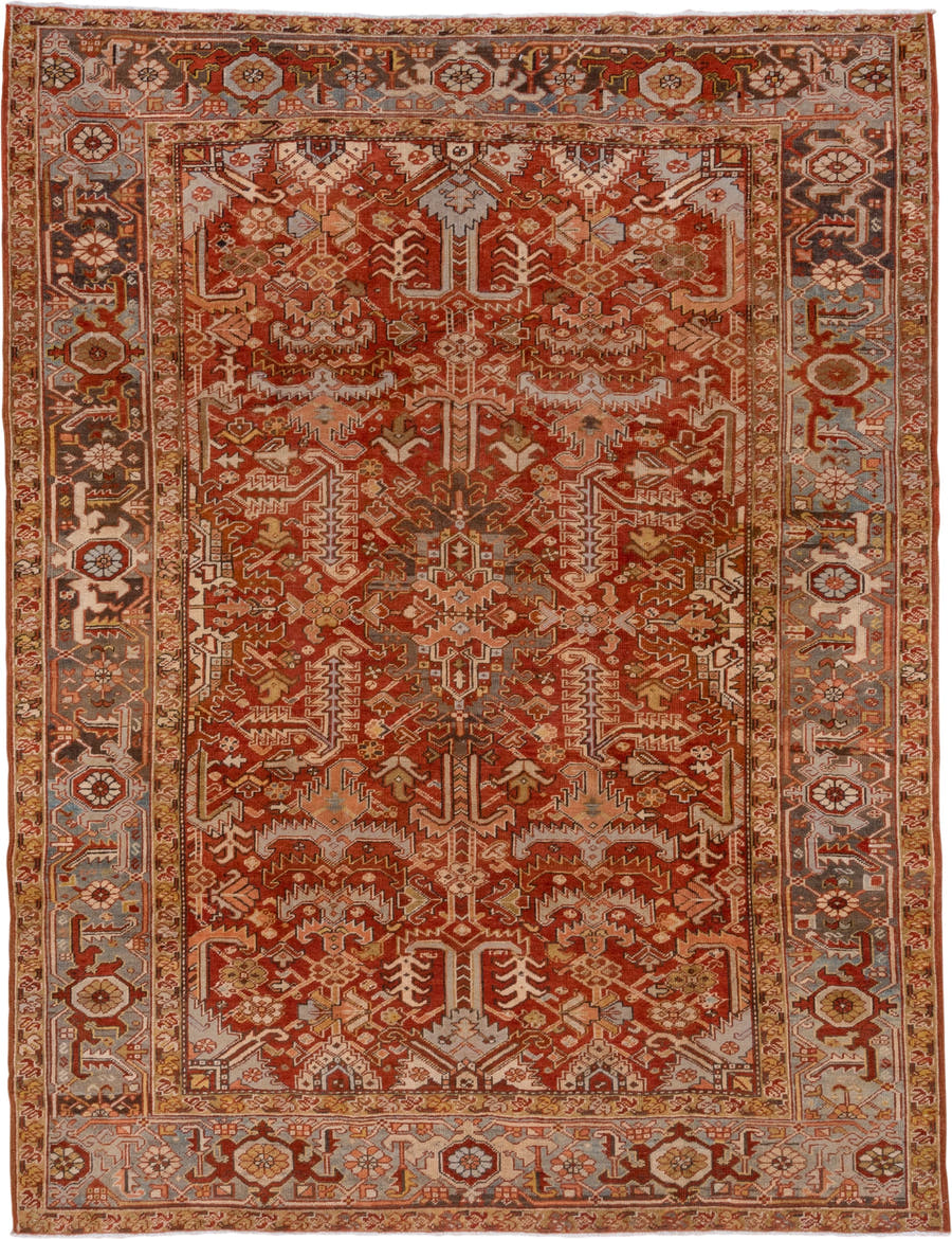 8' x 10' one-of-a-kind handmade antique Heriz large size rug. Color palette: rust, sky blue, ivory, terra cotta, camel
