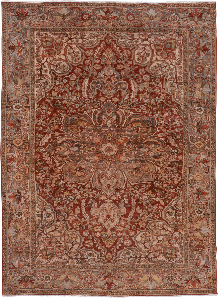 8' x 11' one-of-a-kind handmade antique Heriz large size rug. Color palette: rust, ivory, taupe, slate, terra cotta, camel