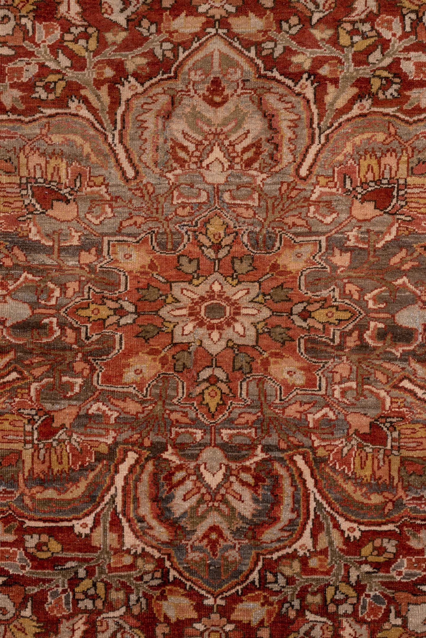 8' x 11' one-of-a-kind handmade antique Heriz large size rug. Color palette: rust, ivory, taupe, slate, terra cotta, camel