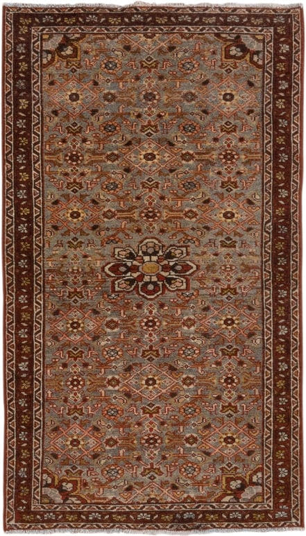 2' x 4' one-of-a-kind handmade antique Malayer small size rug. Color palette: rust, blue-gray, ivory, gold, brown, camel