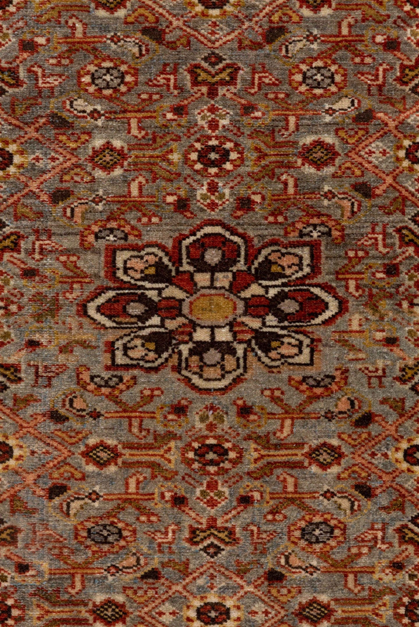 2' x 4' one-of-a-kind handmade antique Malayer small size rug. Color palette: rust, blue-gray, ivory, gold, brown, camel