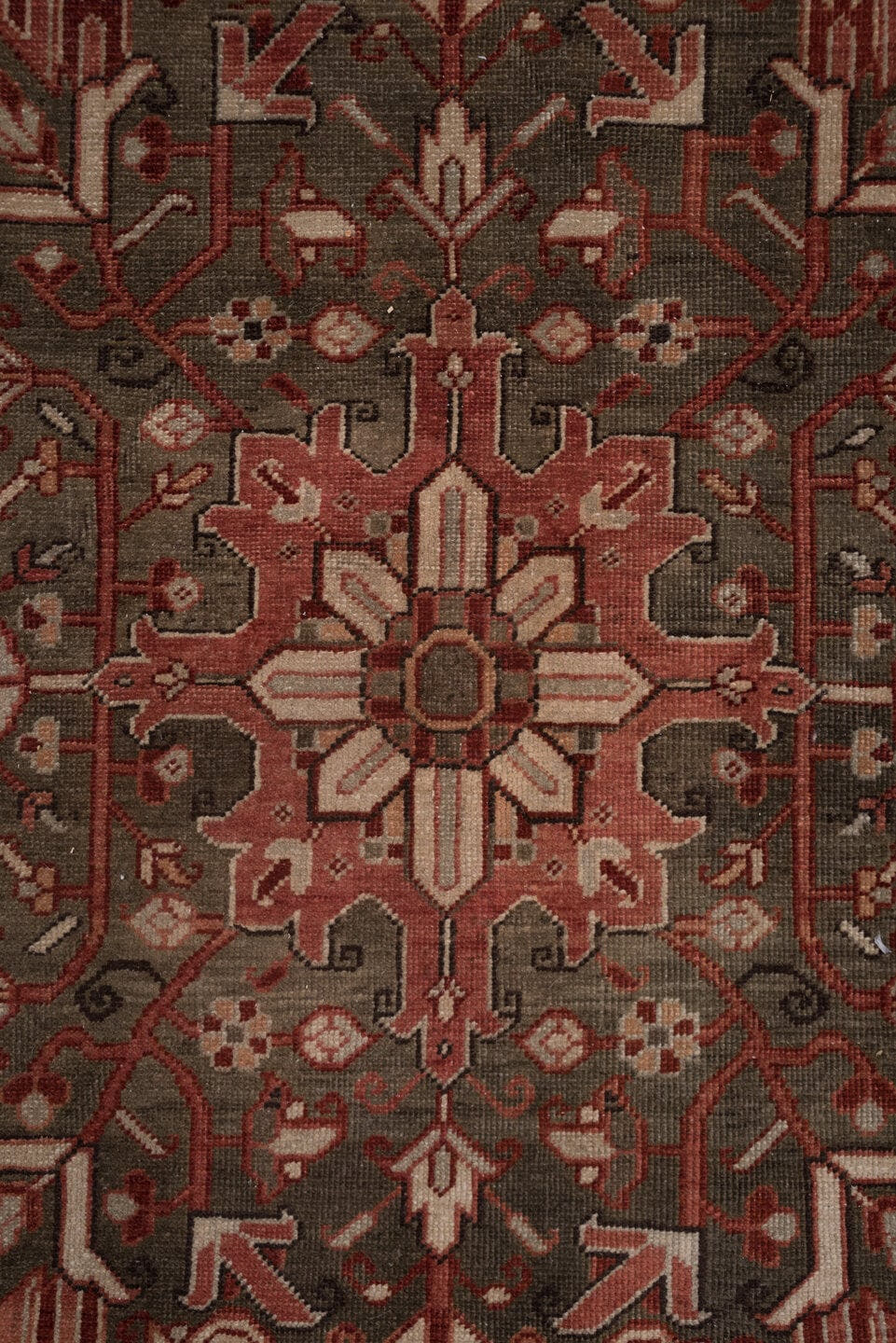 8' x 11' one-of-a-kind handmade vintage Heriz large size rug. Color palette: brown, rust, ivory, terra cotta, charcoal