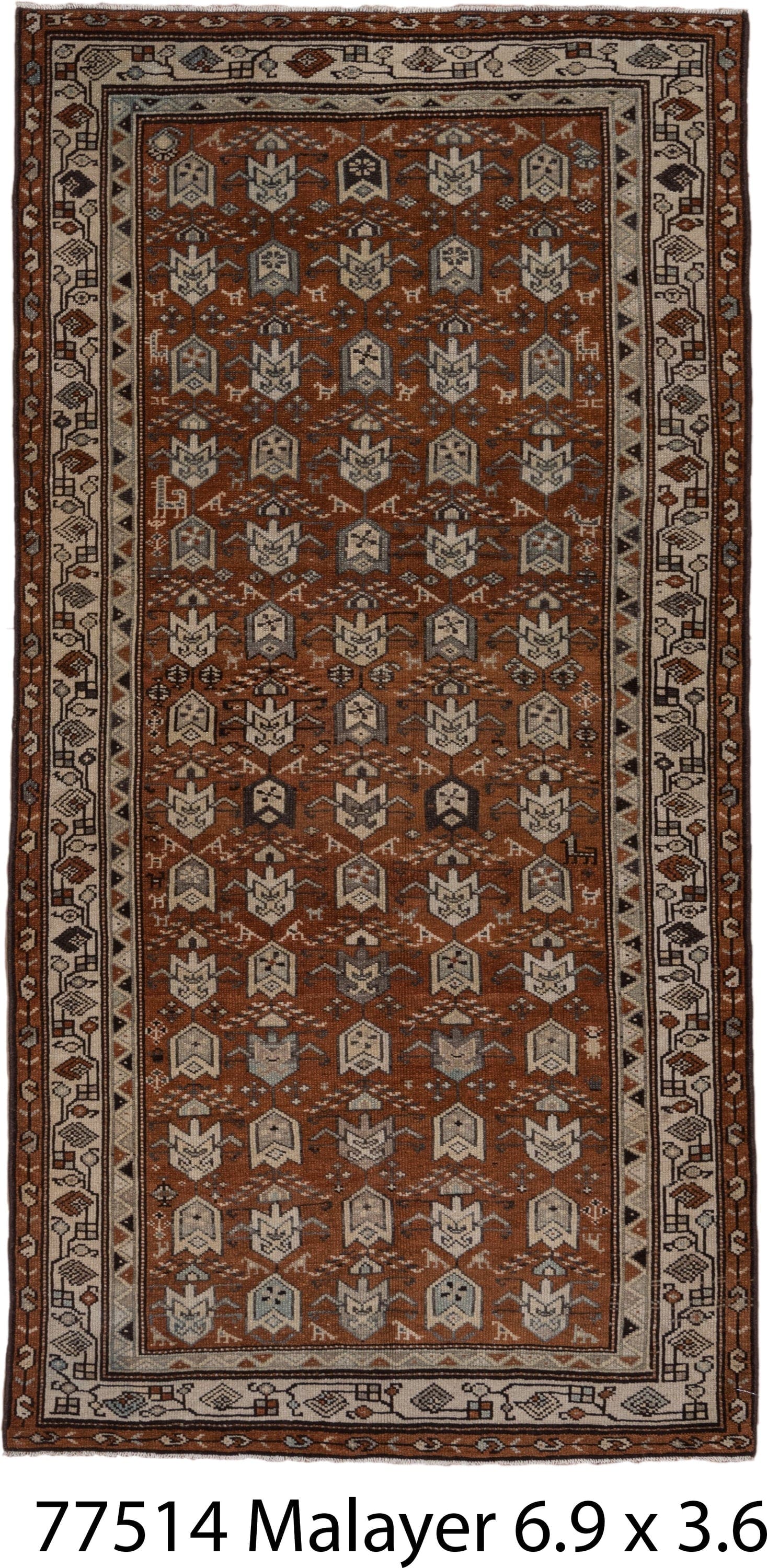 3' x 6' one-of-a-kind handmade antique Malayer small size rug. Color palette: rust, ivory, brown, taupe, charcoal