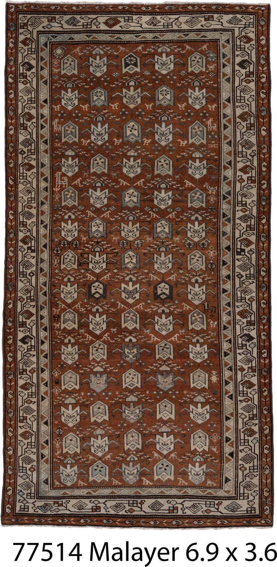 3' x 6' one-of-a-kind handmade antique Malayer small size rug. Color palette: rust, ivory, brown, taupe, charcoal