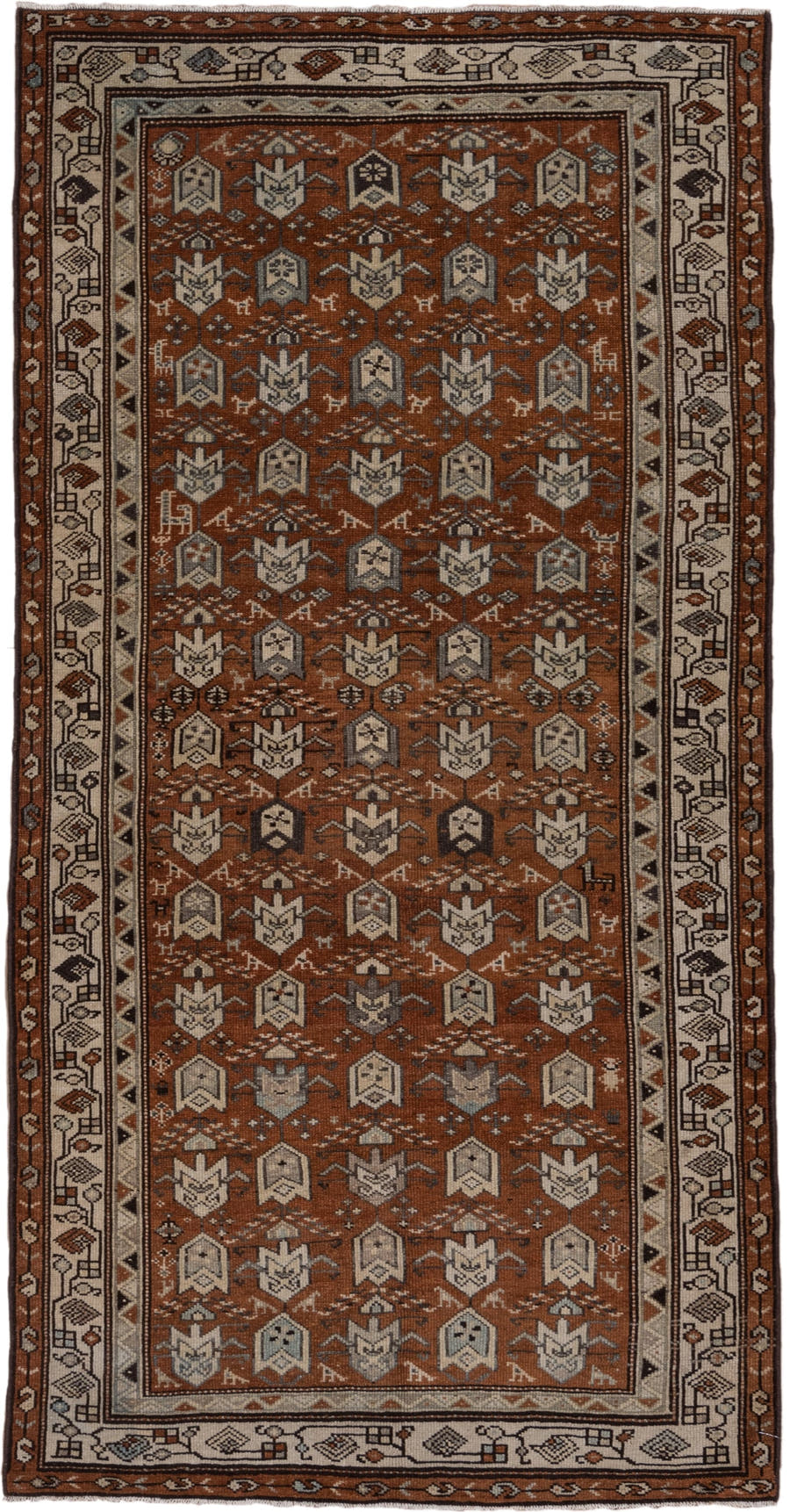 3' x 6' one-of-a-kind handmade antique Malayer rug. Color palette: rust, ivory, brown, taupe, charcoal, terracotta, beige