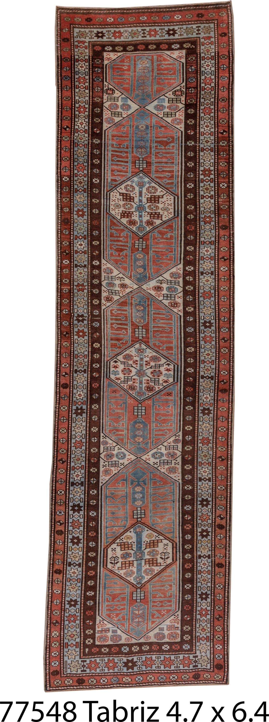 3' x 13' one-of-a-kind handmade antique Sarab runner rug. Color palette: ivory, rust, sky_blue, mahogany, brown, slate_blue