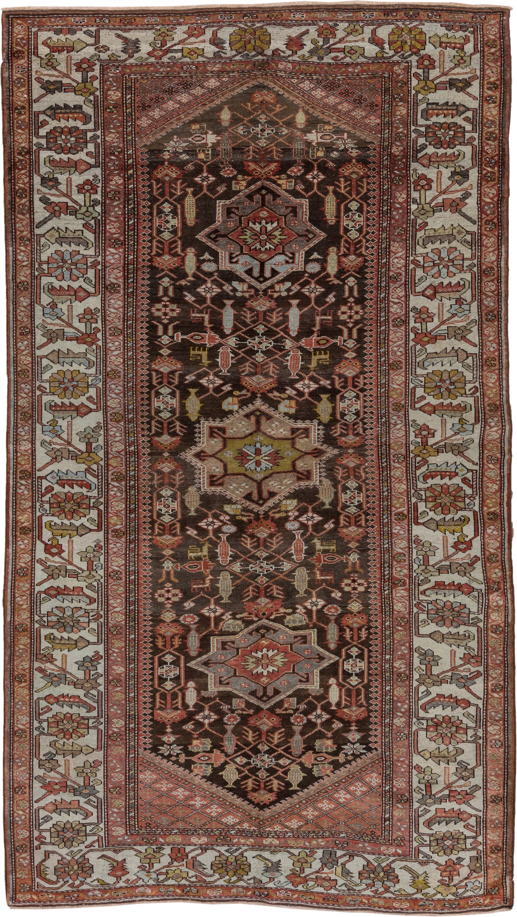 4' x 8' one-of-a-kind handmade antique Malayer rug. Color palette: brown, ivory, rust, camel, sage, soft blue, terracotta