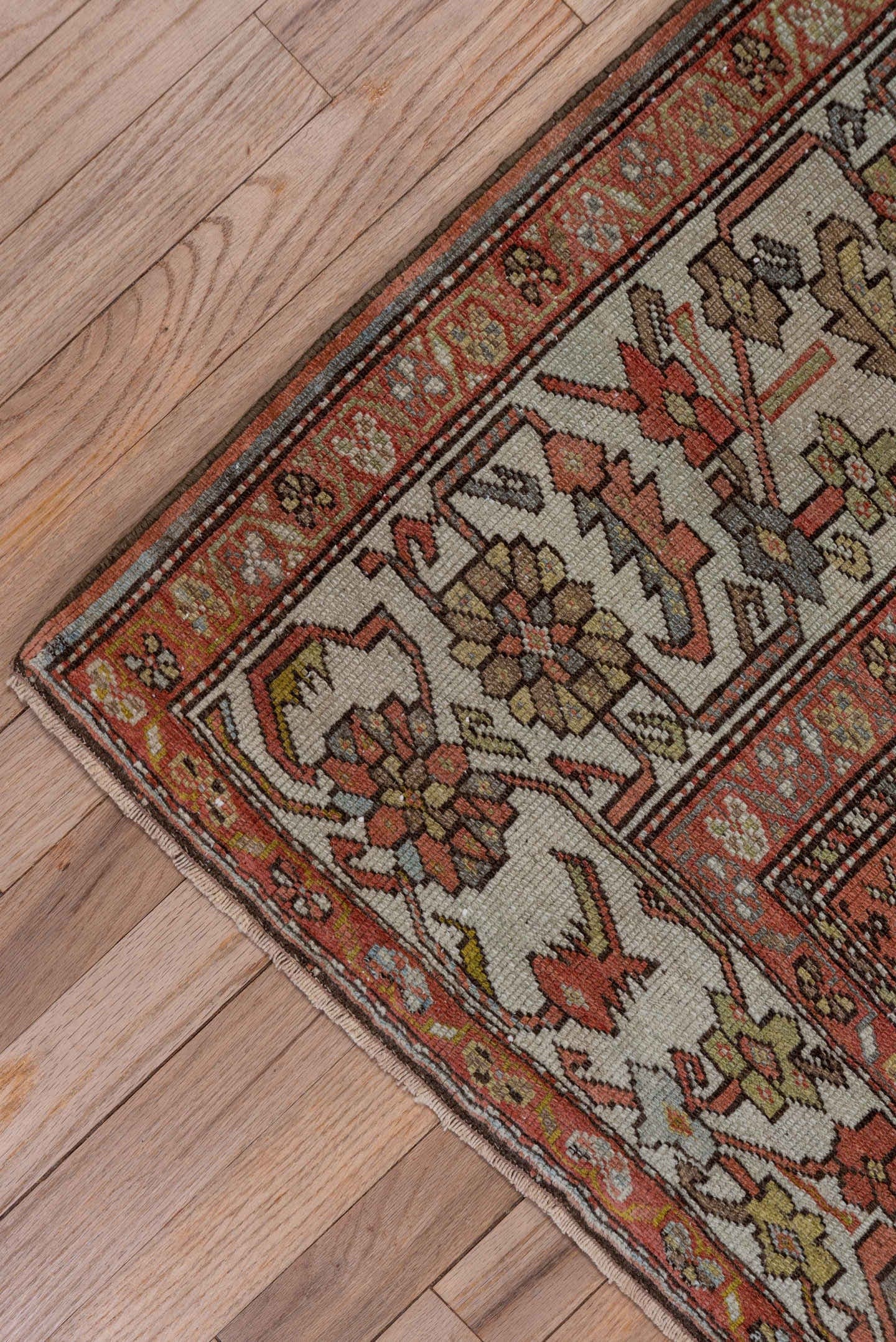 4' x 8' one-of-a-kind handmade antique Malayer rug. Color palette: brown, ivory, rust, camel, sage, soft blue, terracotta