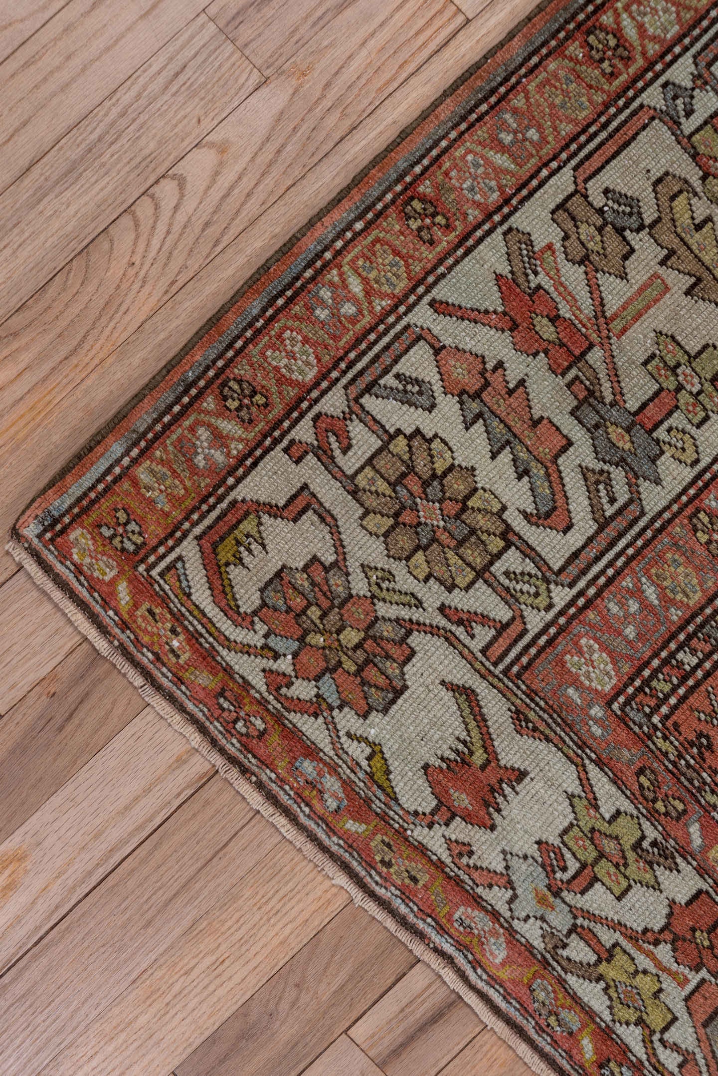 4' x 8' one-of-a-kind handmade antique Malayer rug. Color palette: brown, ivory, rust, camel, sage, soft blue, terracotta