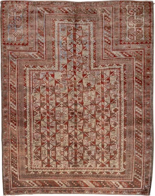 3' x 4' one-of-a-kind handmade antique Belouch small size rug. Color palette: rust, ivory, taupe, brown, terra cotta