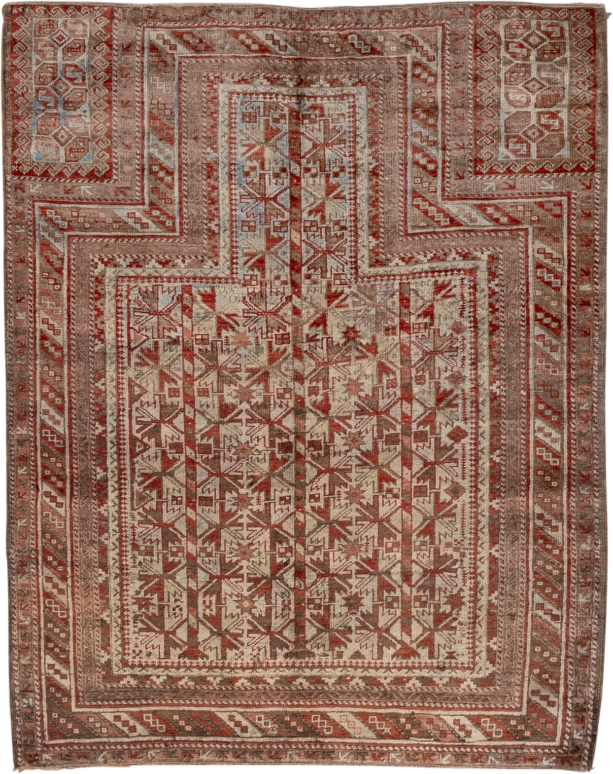 3' x 4' one-of-a-kind handmade antique Belouch small size rug. Color palette: rust, ivory, taupe, brown, terra cotta