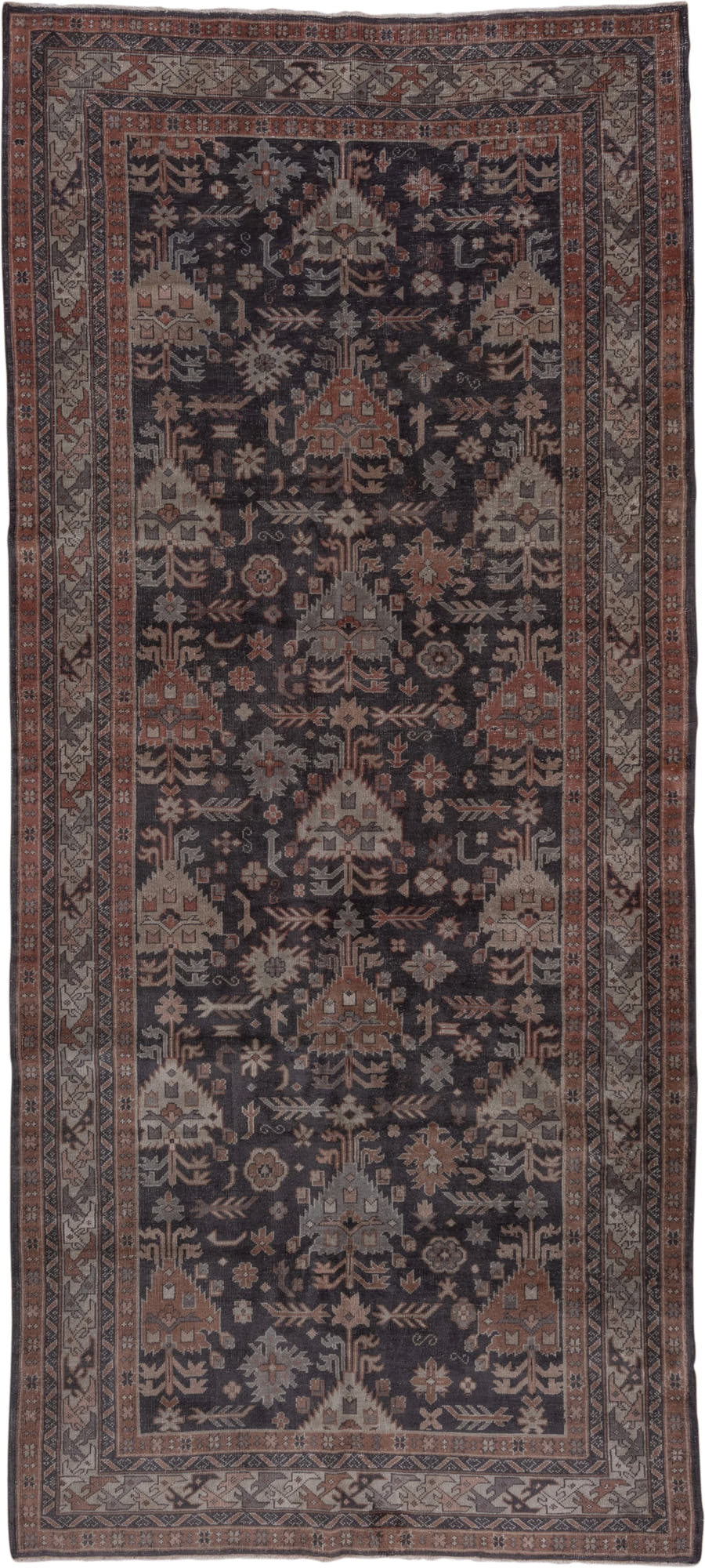 5' x 12' one-of-a-kind handmade antique Sparta rug. Color palette: charcoal, rust, ivory, taupe, slate, brown, gray, black
