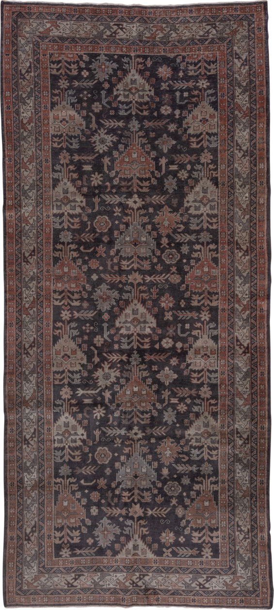 5' x 12' one-of-a-kind handmade antique Sparta rug. Color palette: charcoal, rust, ivory, taupe, slate, brown, gray, black