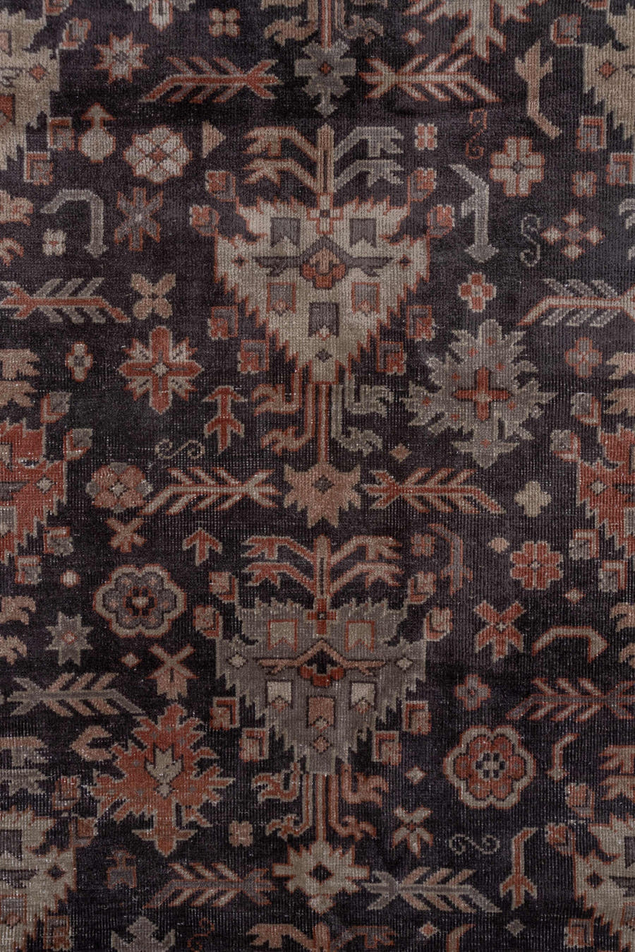 5' x 12' one-of-a-kind handmade antique Sparta rug. Color palette: charcoal, rust, ivory, taupe, slate, brown, gray, black