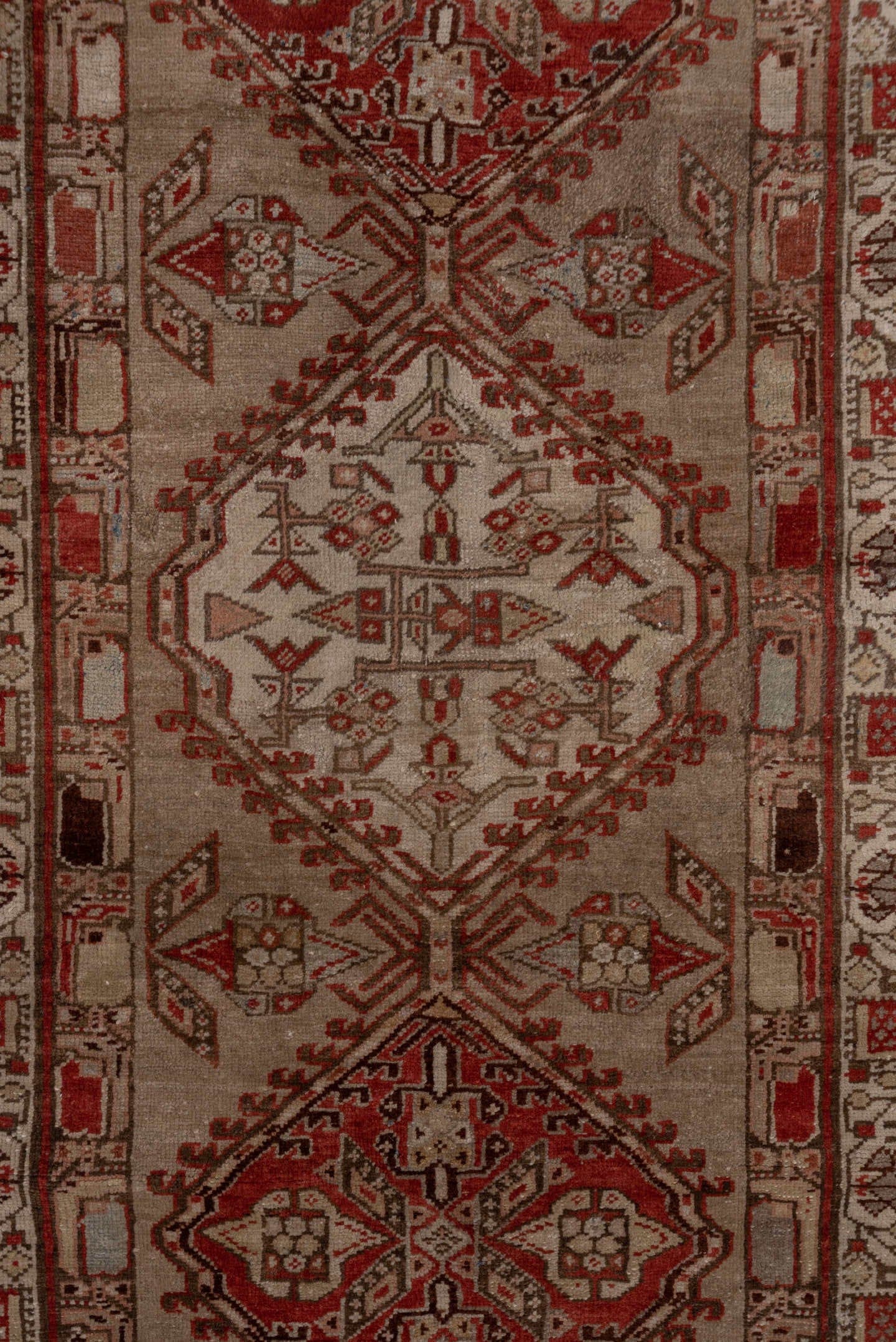 3' x 16' one-of-a-kind handmade antique Sarab runner rug. Color palette: ivory, rust, brown, camel, taupe, brick, charcoal