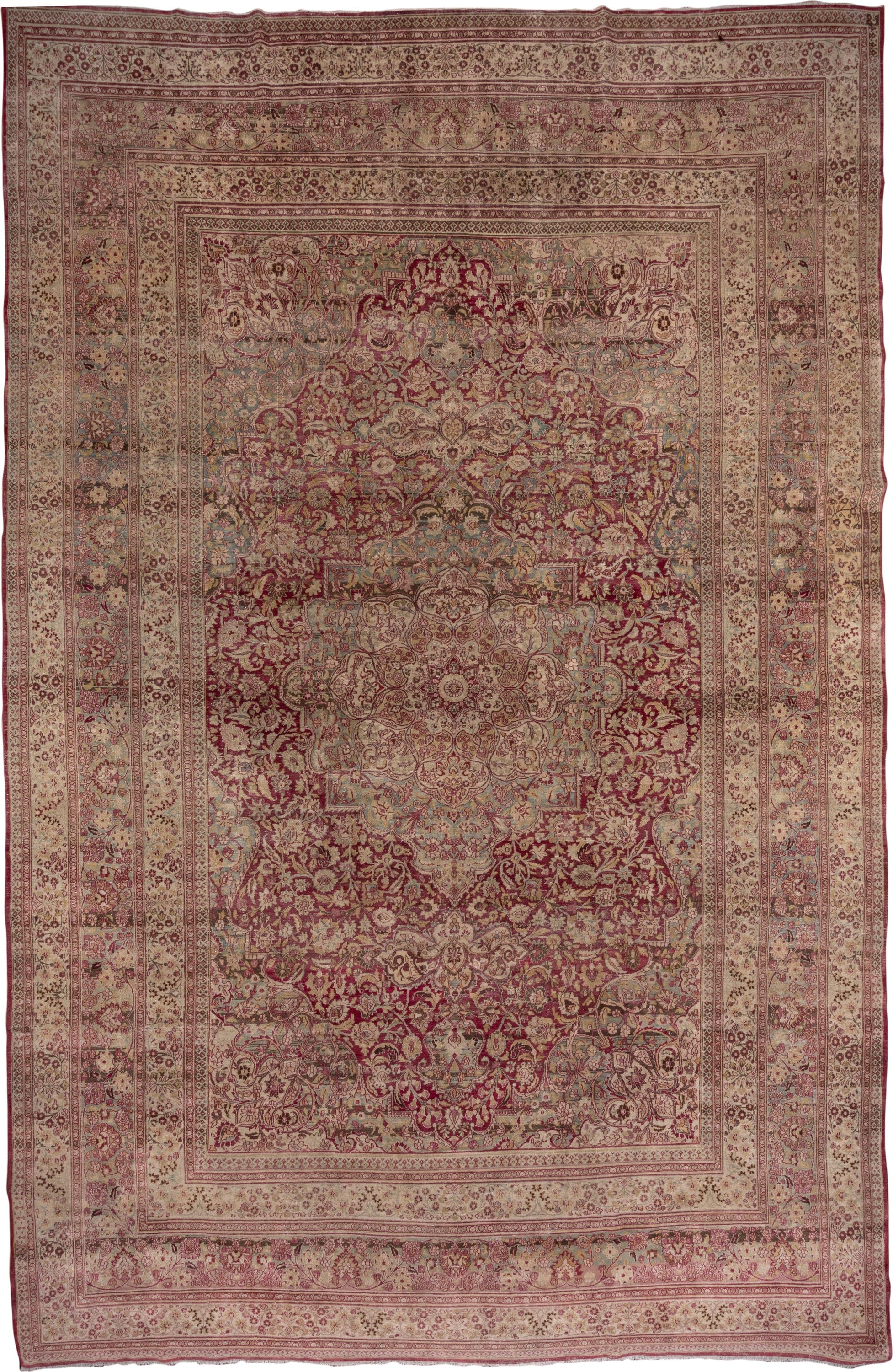 12' x 19' one-of-a-kind handmade antique Khorassan oversize rug. Color palette: rose, ivory, burgundy, dusty blue, blush