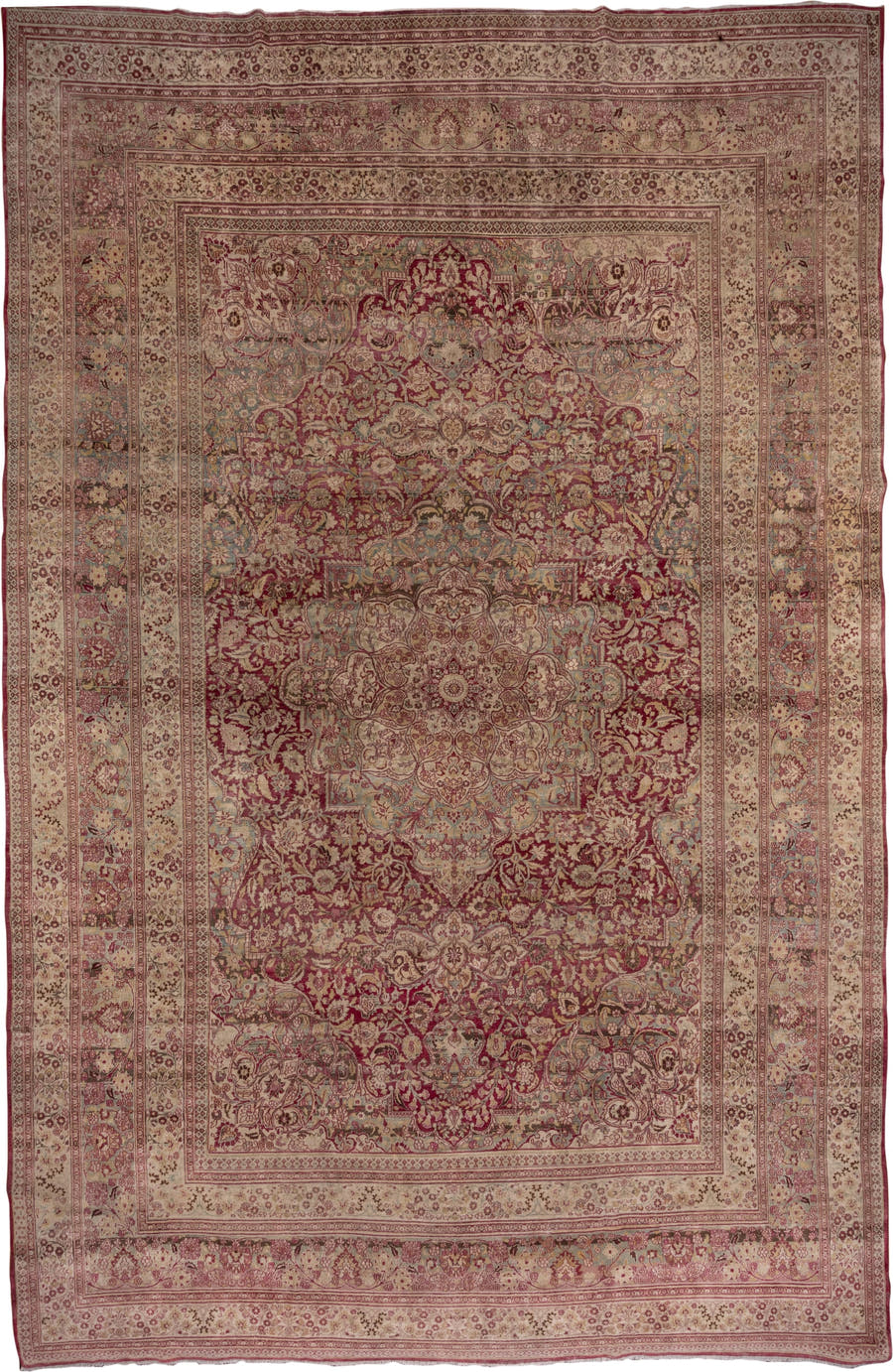 12' x 19' one-of-a-kind handmade antique Khorassan oversize rug. Color palette: rose, ivory, burgundy, dusty blue, blush