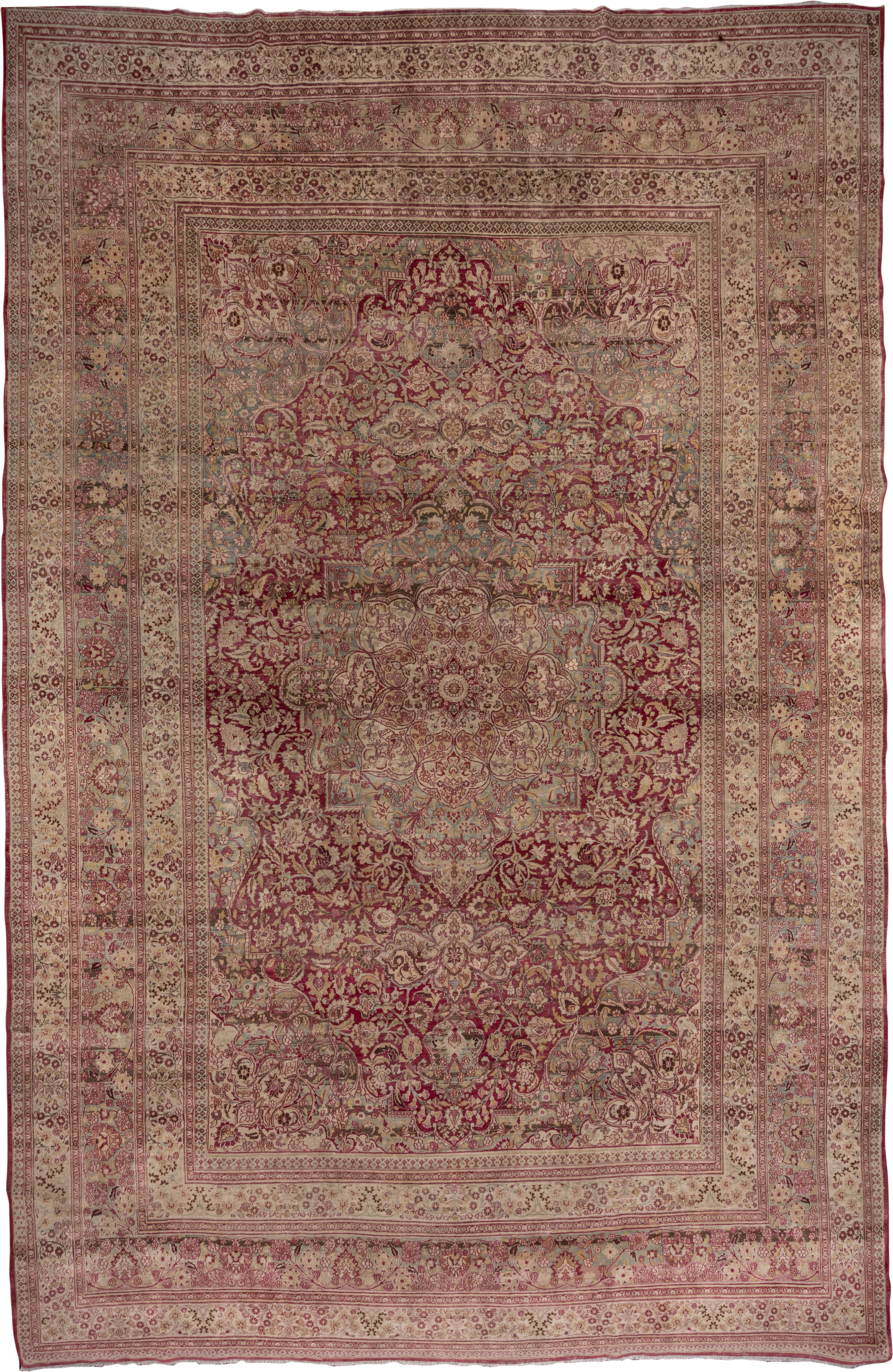 12' x 19' one-of-a-kind handmade antique Khorassan oversize rug. Color palette: rose, ivory, burgundy, dusty blue, blush