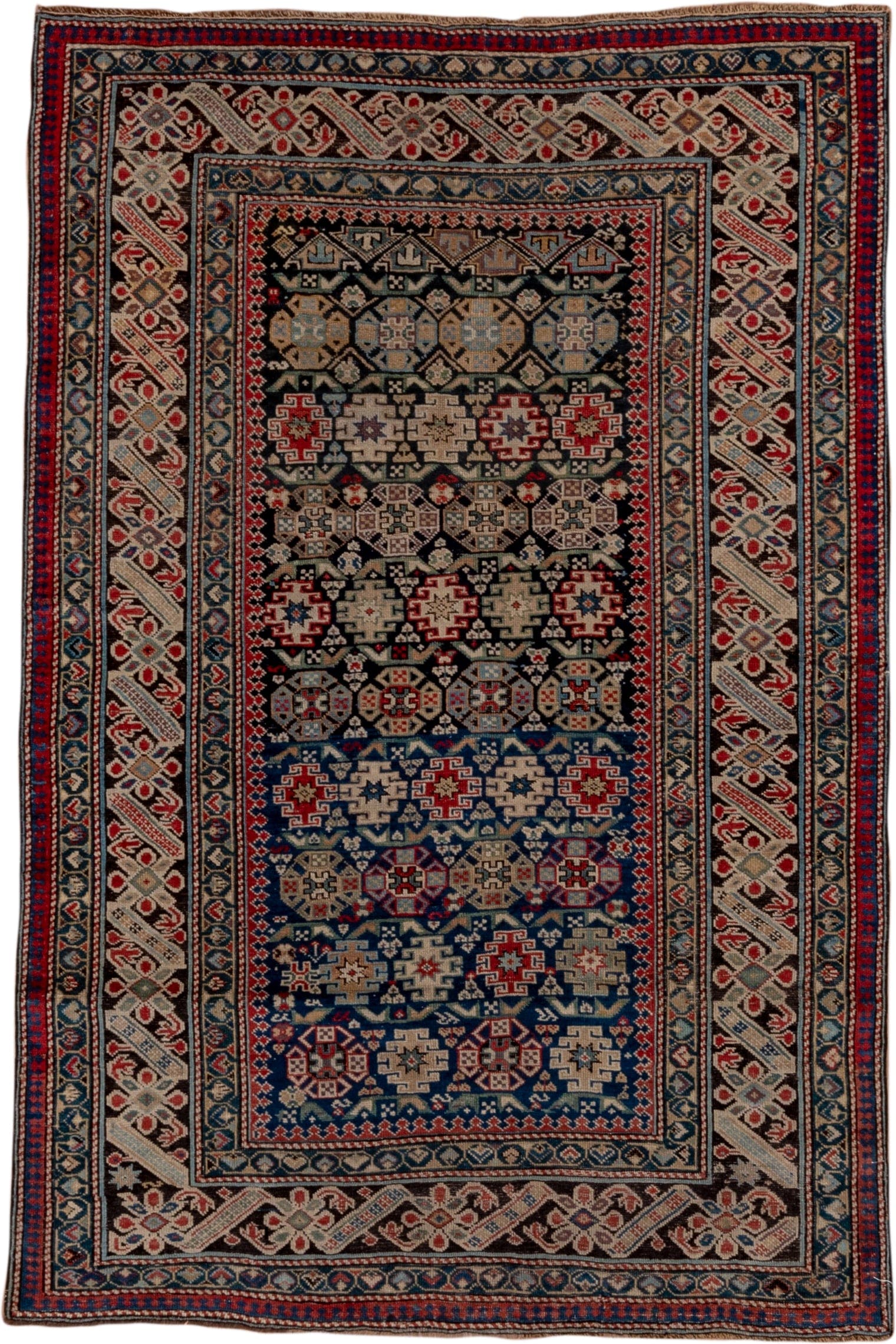 3' x 5' one-of-a-kind handmade antique Chichi small size rug. Color palette: navy, ivory, red, sky_blue, charcoal, camel