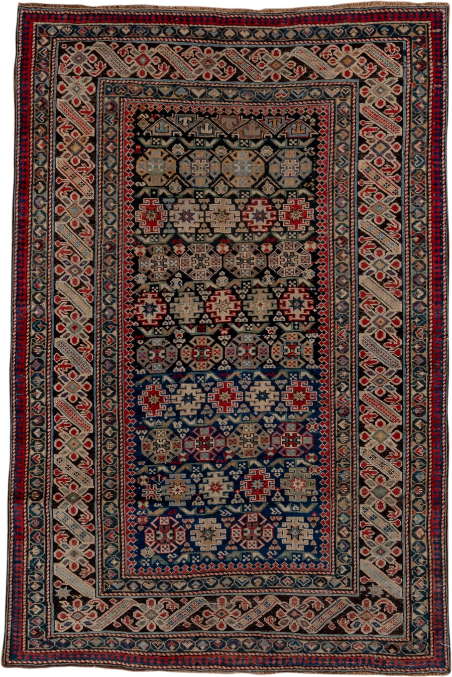3' x 5' one-of-a-kind handmade antique Chichi small size rug. Color palette: navy, ivory, red, sky_blue, charcoal, camel