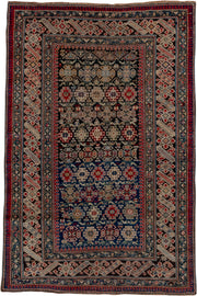 3' x 5' one-of-a-kind handmade antique Chichi small size rug. Color palette: navy, ivory, red, sky_blue, charcoal, camel