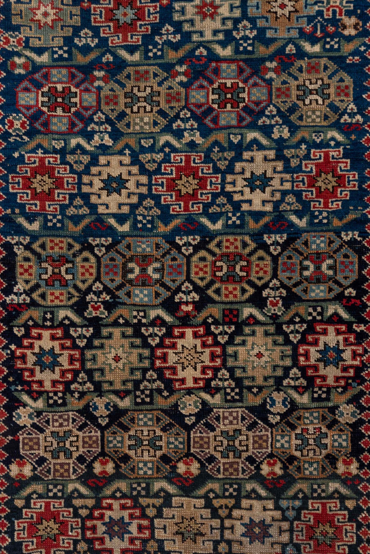 3' x 5' one-of-a-kind handmade antique Chichi small size rug. Color palette: navy, ivory, red, sky_blue, charcoal, camel