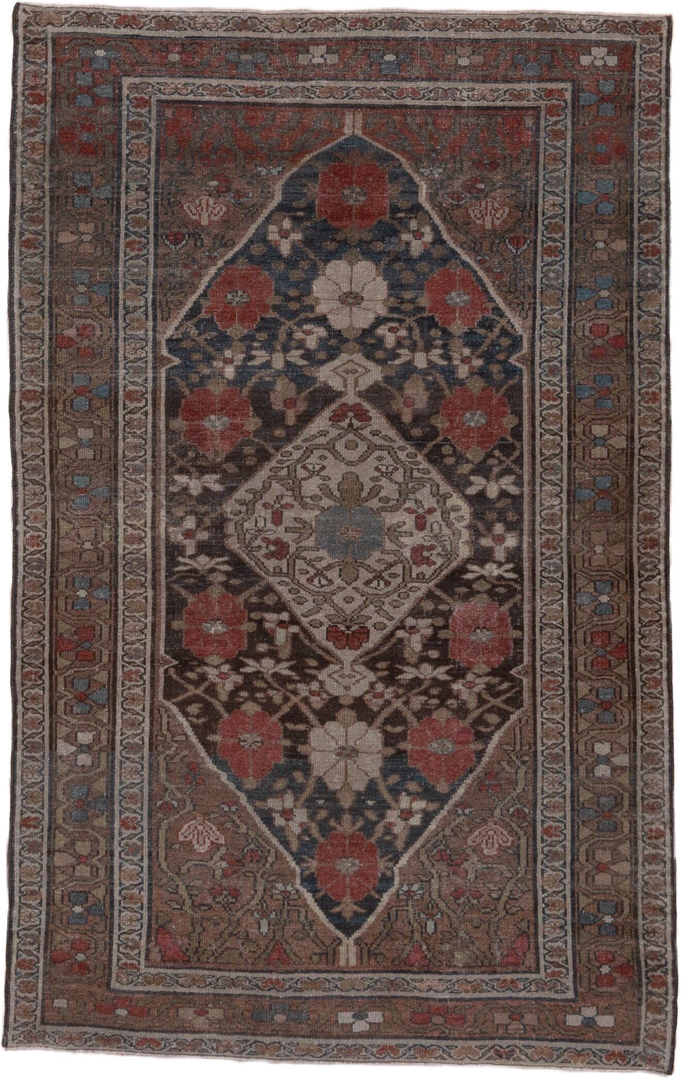 4' x 6' one-of-a-kind handmade antique Malayer small size rug. Color palette: brown, navy, rust, ivory, taupe, slate, rose