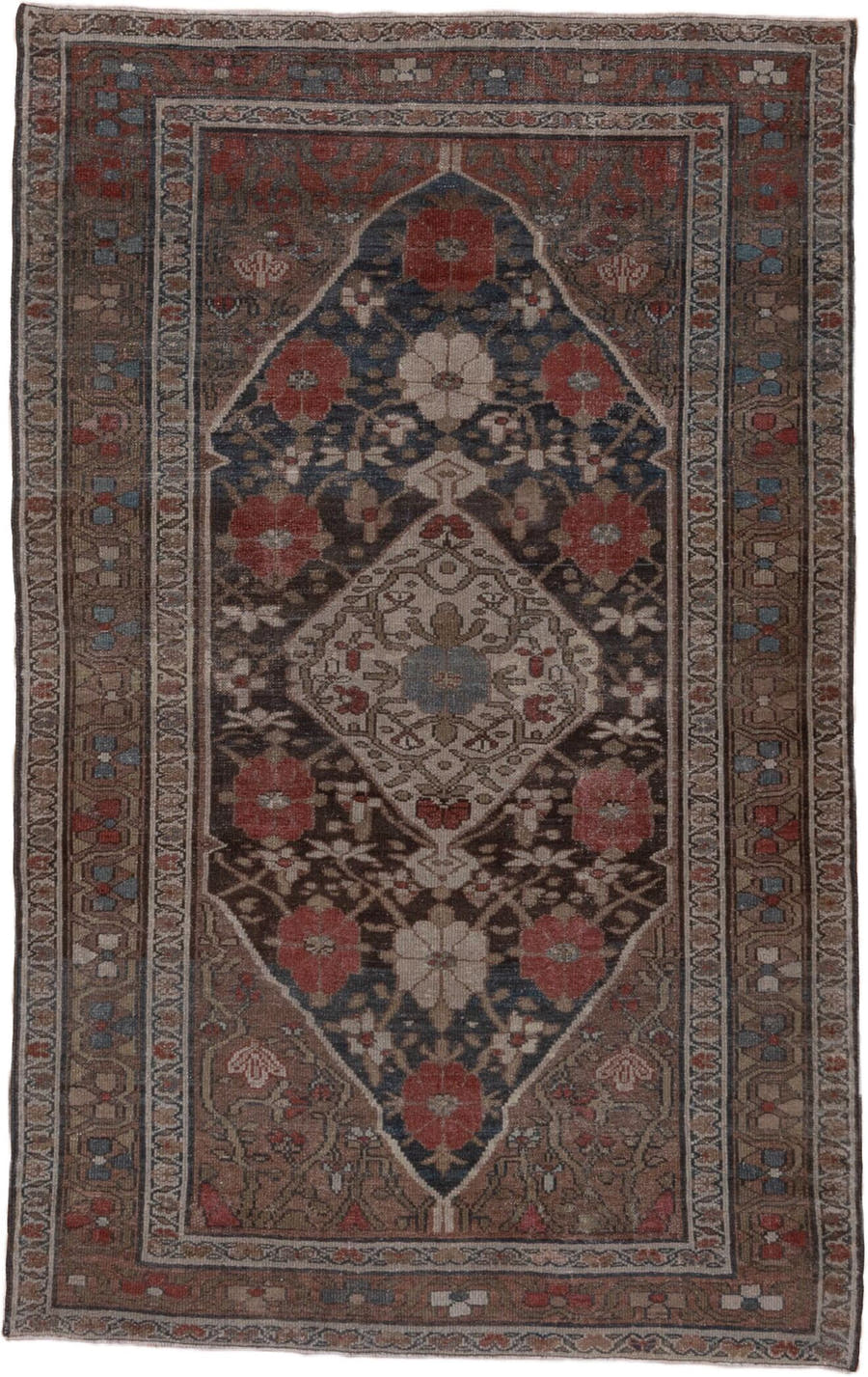 4' x 6' one-of-a-kind handmade antique Malayer small size rug. Color palette: brown, navy, rust, ivory, taupe, slate, rose
