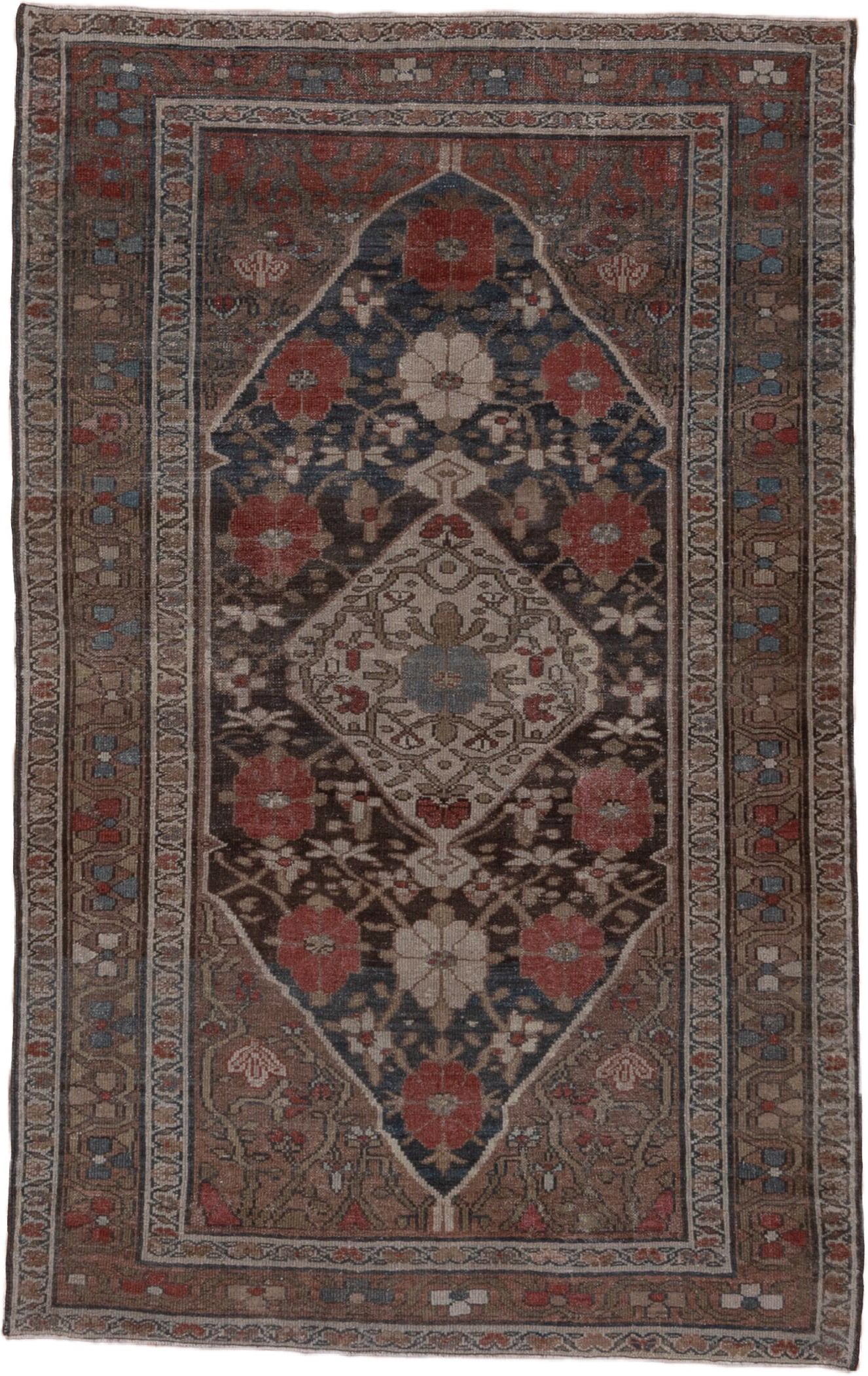 4' x 6' one-of-a-kind handmade antique Malayer small size rug. Color palette: brown, navy, rust, ivory, taupe, slate, rose