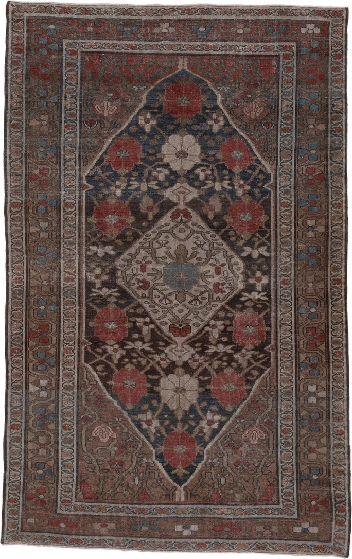 4' x 6' one-of-a-kind handmade antique Malayer small size rug. Color palette: brown, navy, rust, ivory, taupe, slate, rose