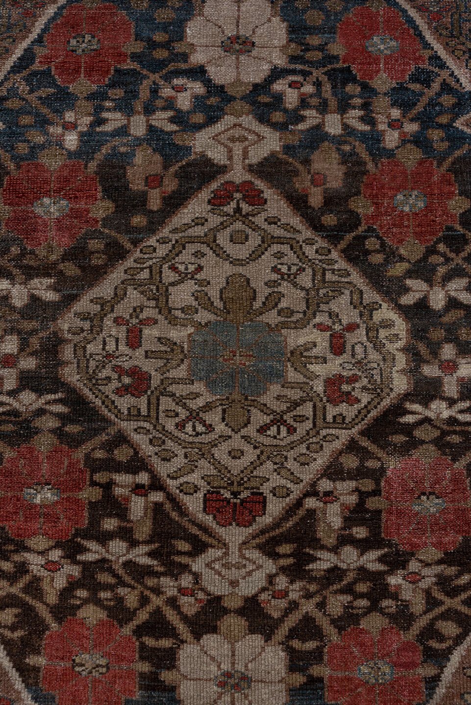 4' x 6' one-of-a-kind handmade antique Malayer small size rug. Color palette: brown, navy, rust, ivory, taupe, slate, rose