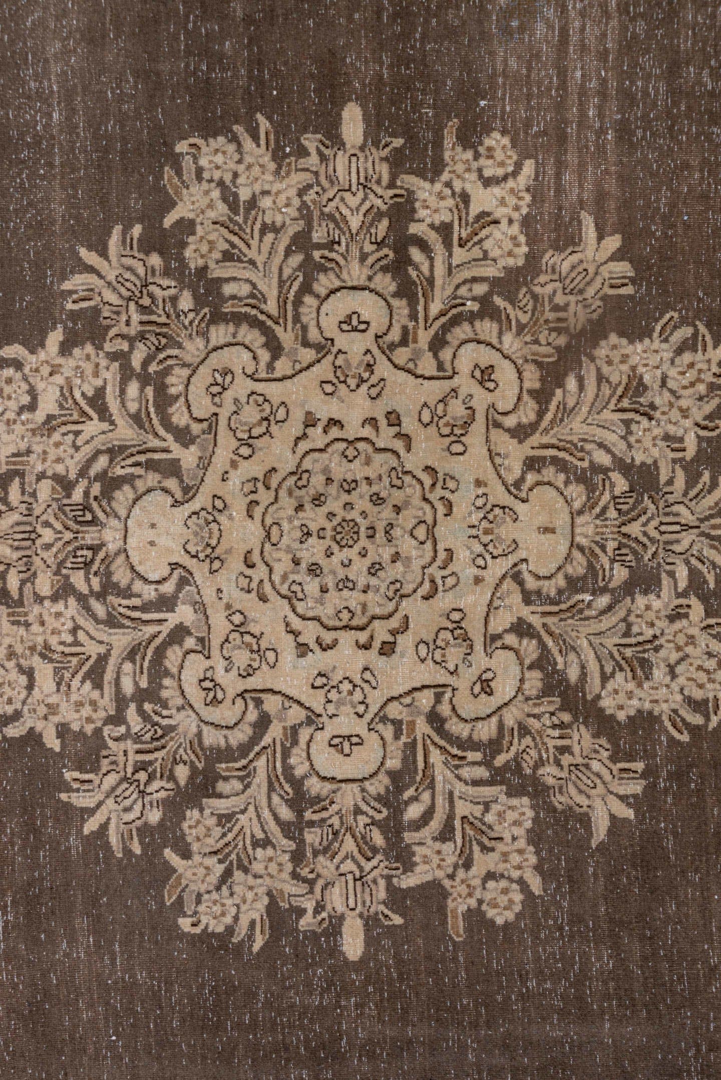 9' x 9' one-of-a-kind handmade antique Tabriz rug. Color palette: ivory, taupe, brown, beige, charcoal, gray, black