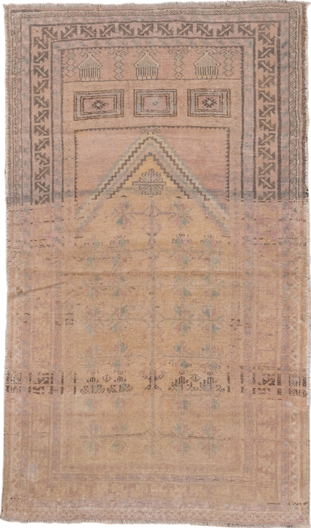 2' x 4' one-of-a-kind handmade vintage Anatolian small size rug. Color palette: brown, gray, light gray, off-white, pink