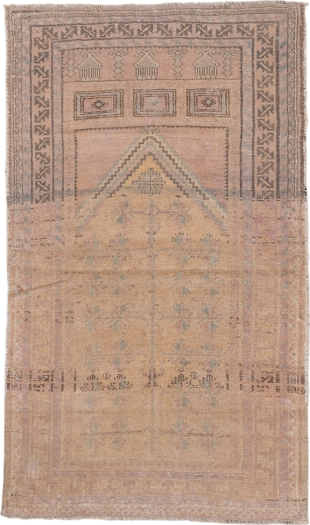 2' x 4' one-of-a-kind handmade antique Anatolian small size rug. Color palette: beige, taupe, camel, dusty rose, sage, brown