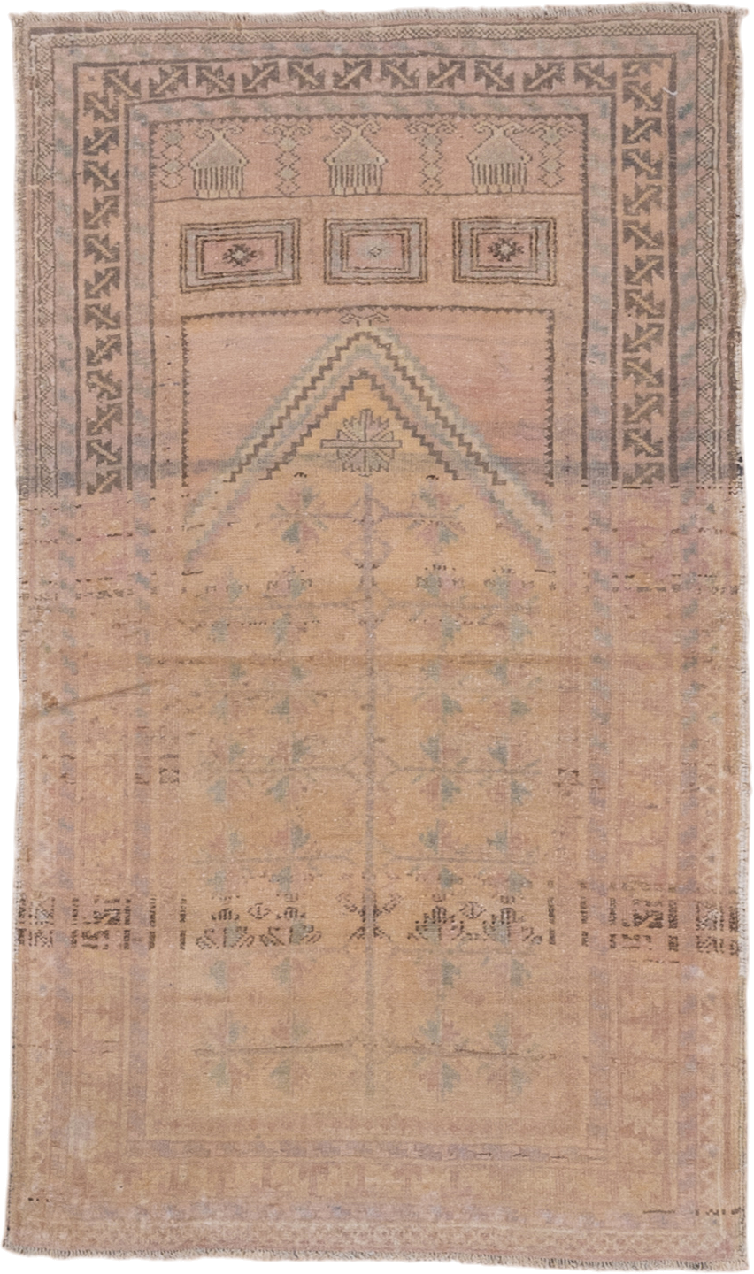 2' x 4' one-of-a-kind handmade antique Anatolian small size rug. Color palette: beige, taupe, camel, dusty rose, sage, brown