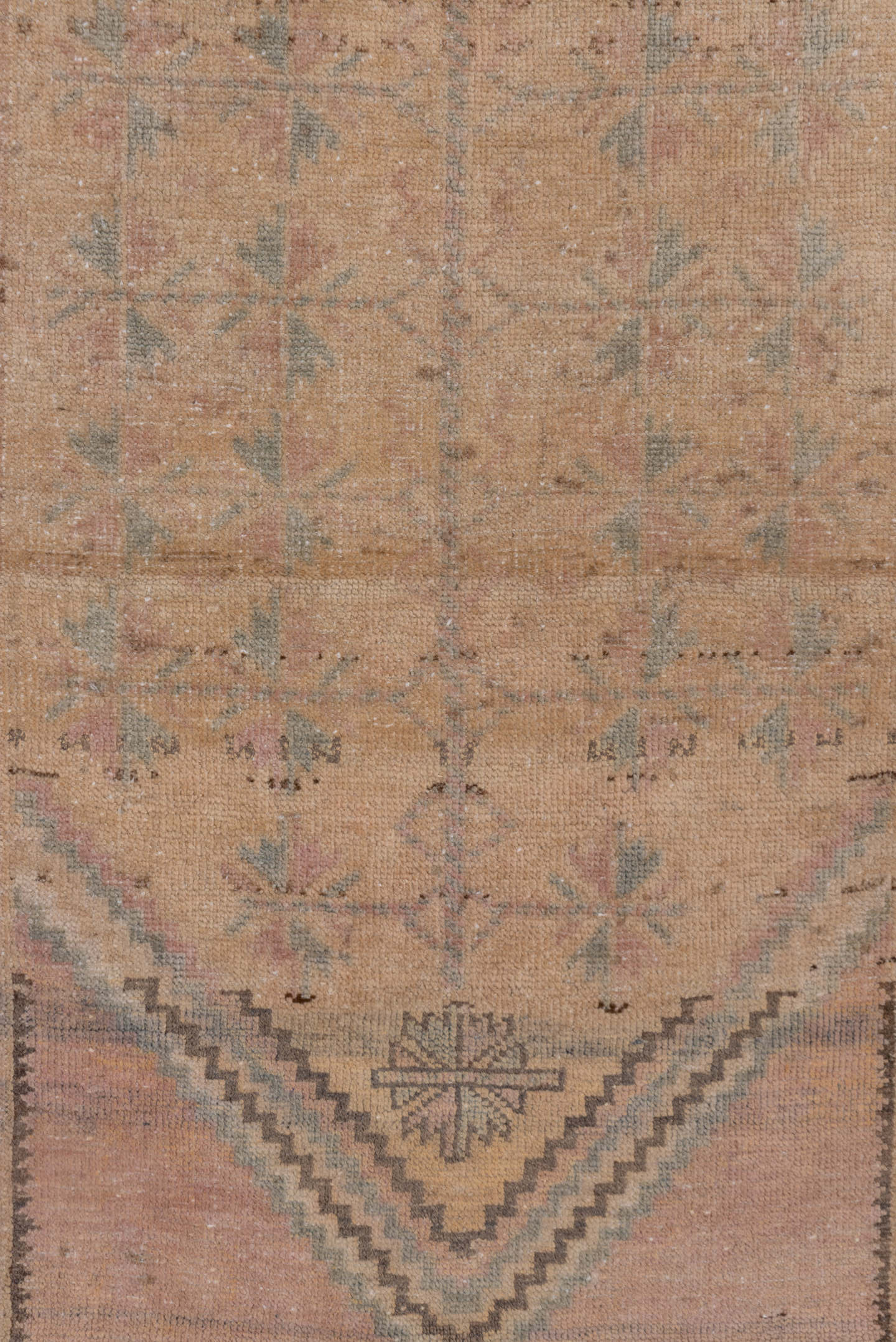 2' x 4' one-of-a-kind handmade antique Anatolian small size rug. Color palette: beige, taupe, camel, dusty rose, sage, brown