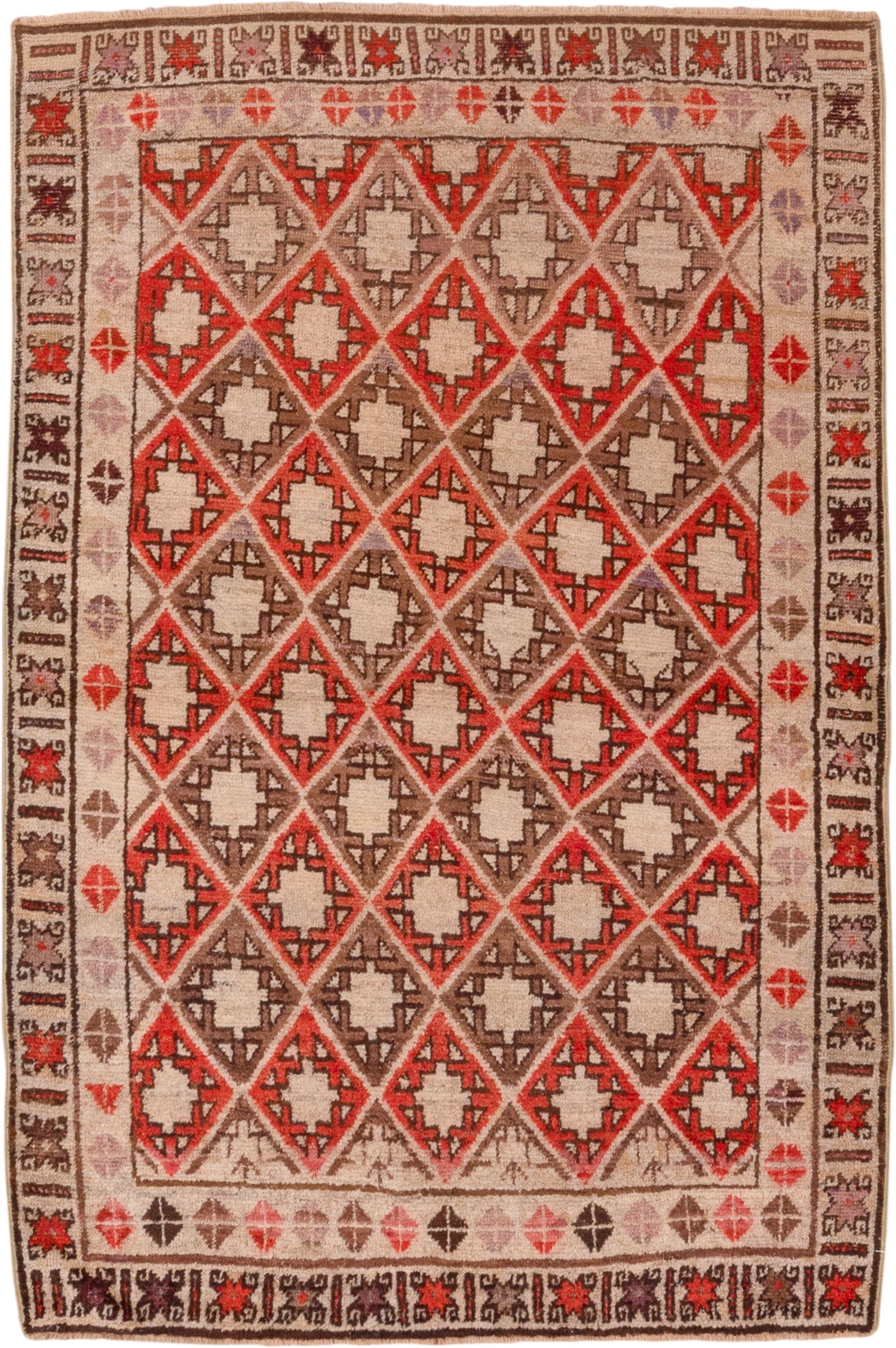 4' x 6' one-of-a-kind handmade antique Oushak small size rug. Color palette: ivory, rust, taupe, brown, rose, charcoal