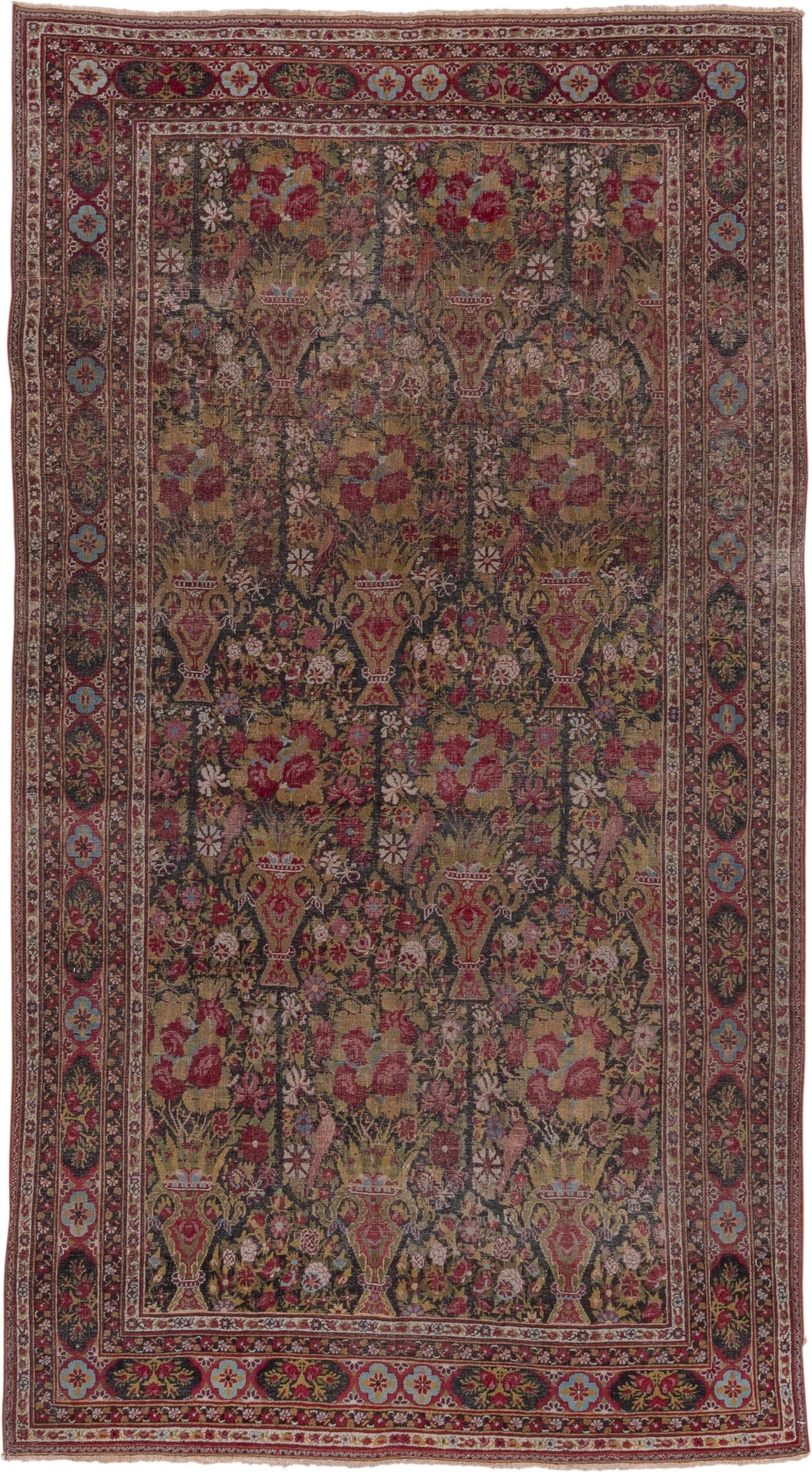 4' x 8' one-of-a-kind handmade antique Agra rug. Color palette: olive, rust, rose, ivory, burgundy, gold, sky_blue, brown