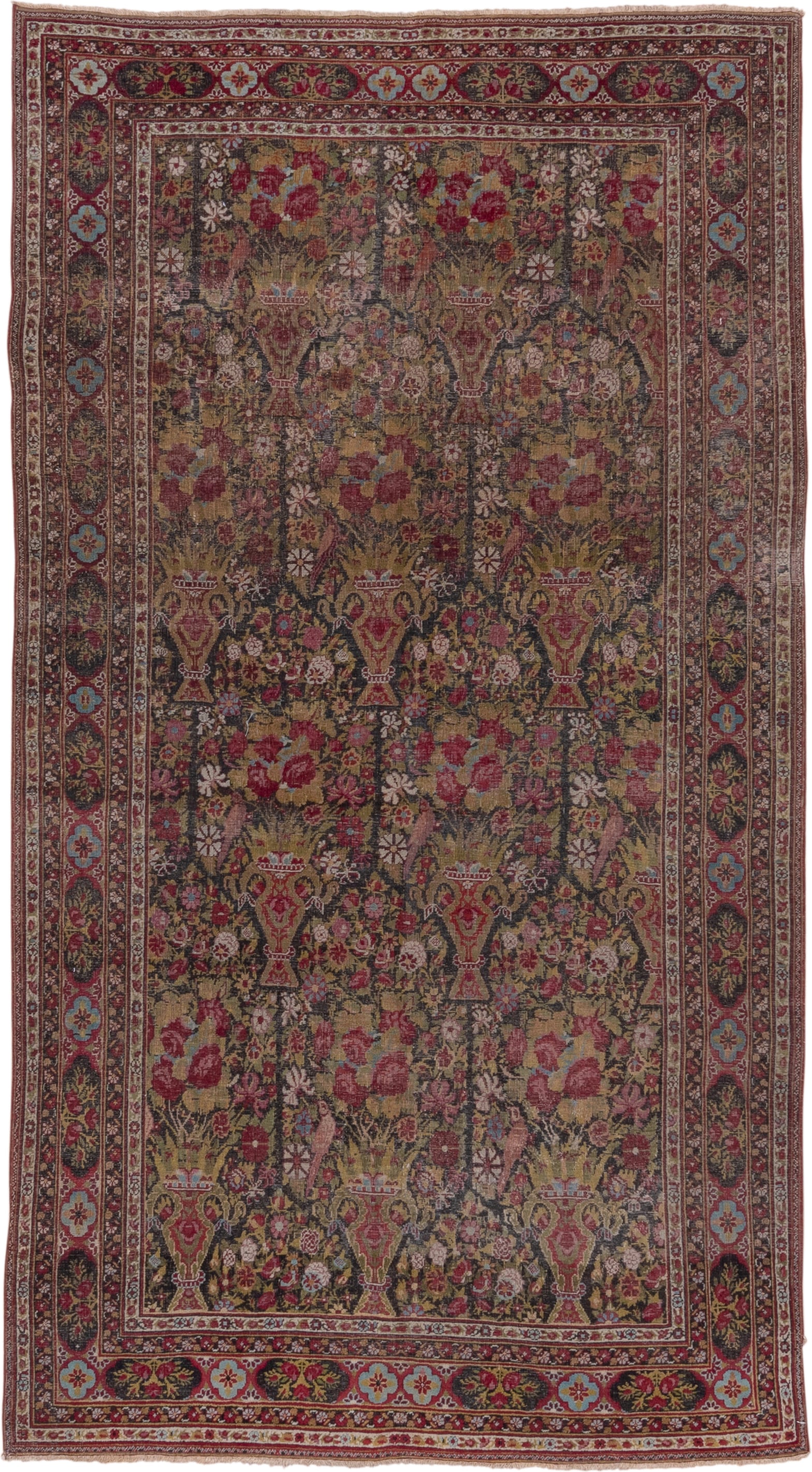 4' x 8' one-of-a-kind handmade antique Agra rug. Color palette: olive, rust, rose, ivory, burgundy, gold, sky_blue, brown