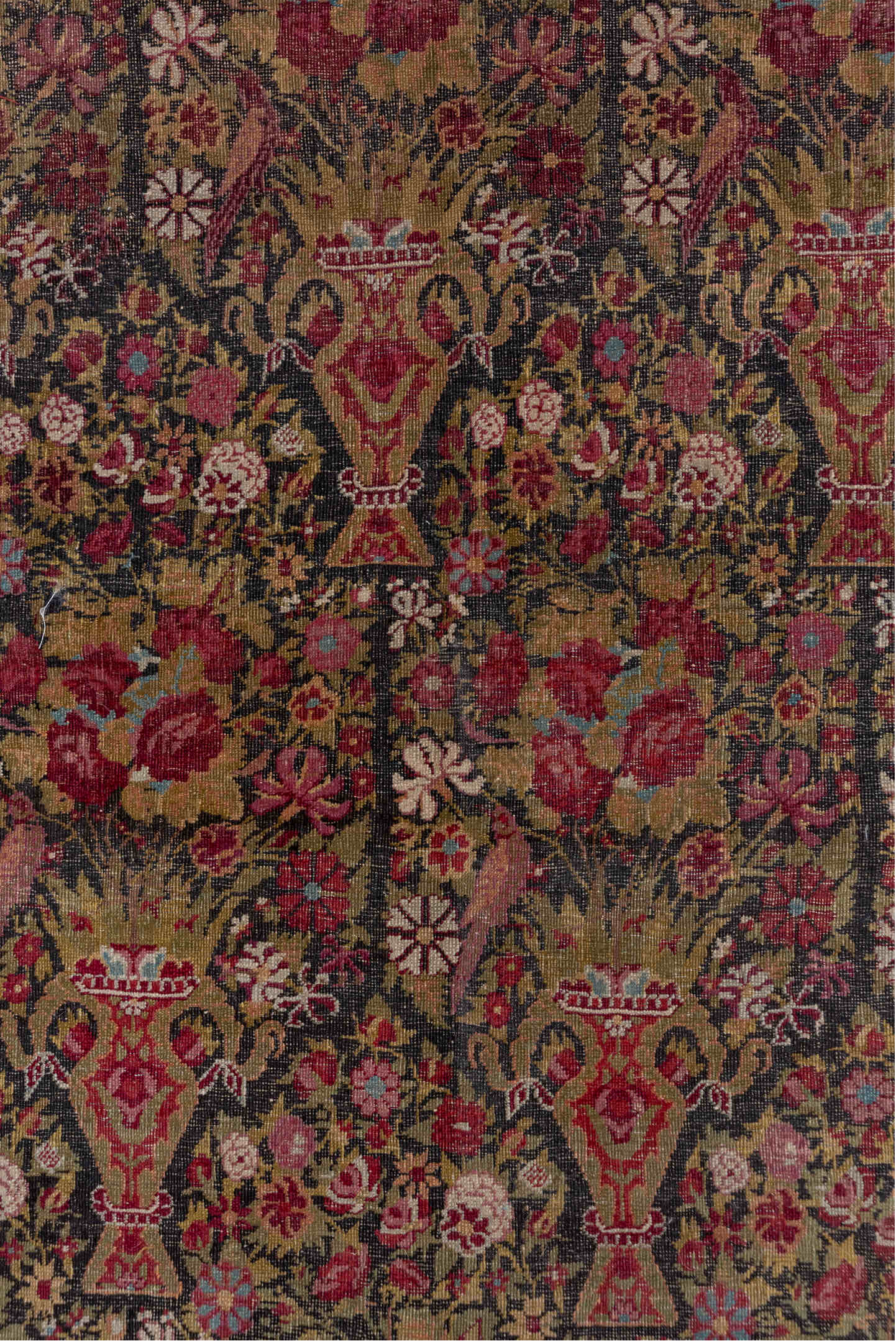 4' x 8' one-of-a-kind handmade vintage Agra rug. Color palette: brown, gray, pink, red