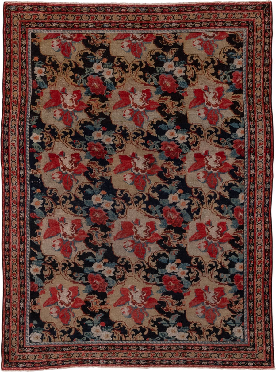 4' x 5' one-of-a-kind handmade antique Malayer small size rug. Color palette: navy, rose, ivory, rust, camel, slate, crimson